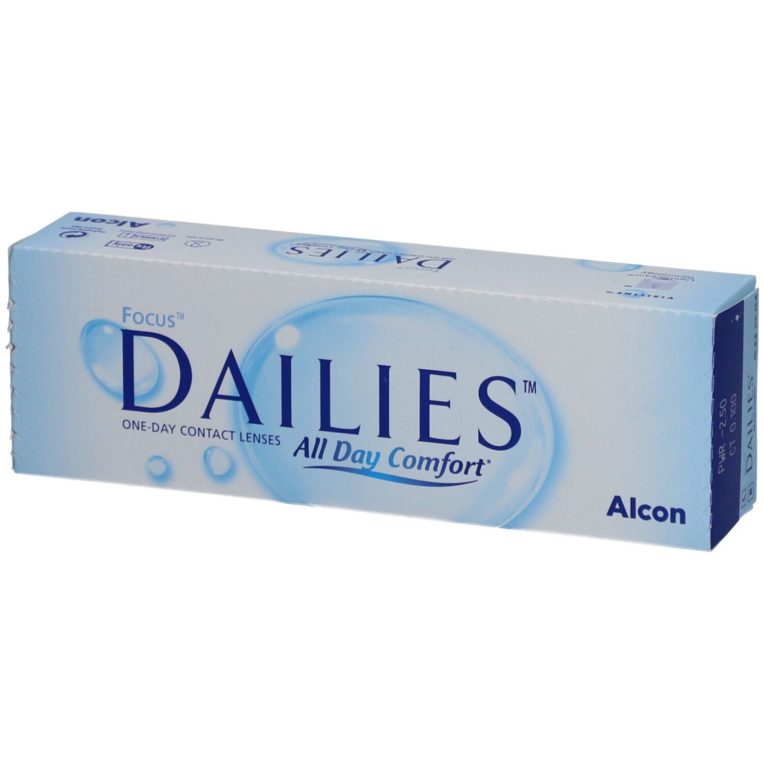 Verpackung von Focus Dailies All Day Comfort Kontaktlinsen. Blaue Schachtel mit Produktnamen und Alcon-Logo.