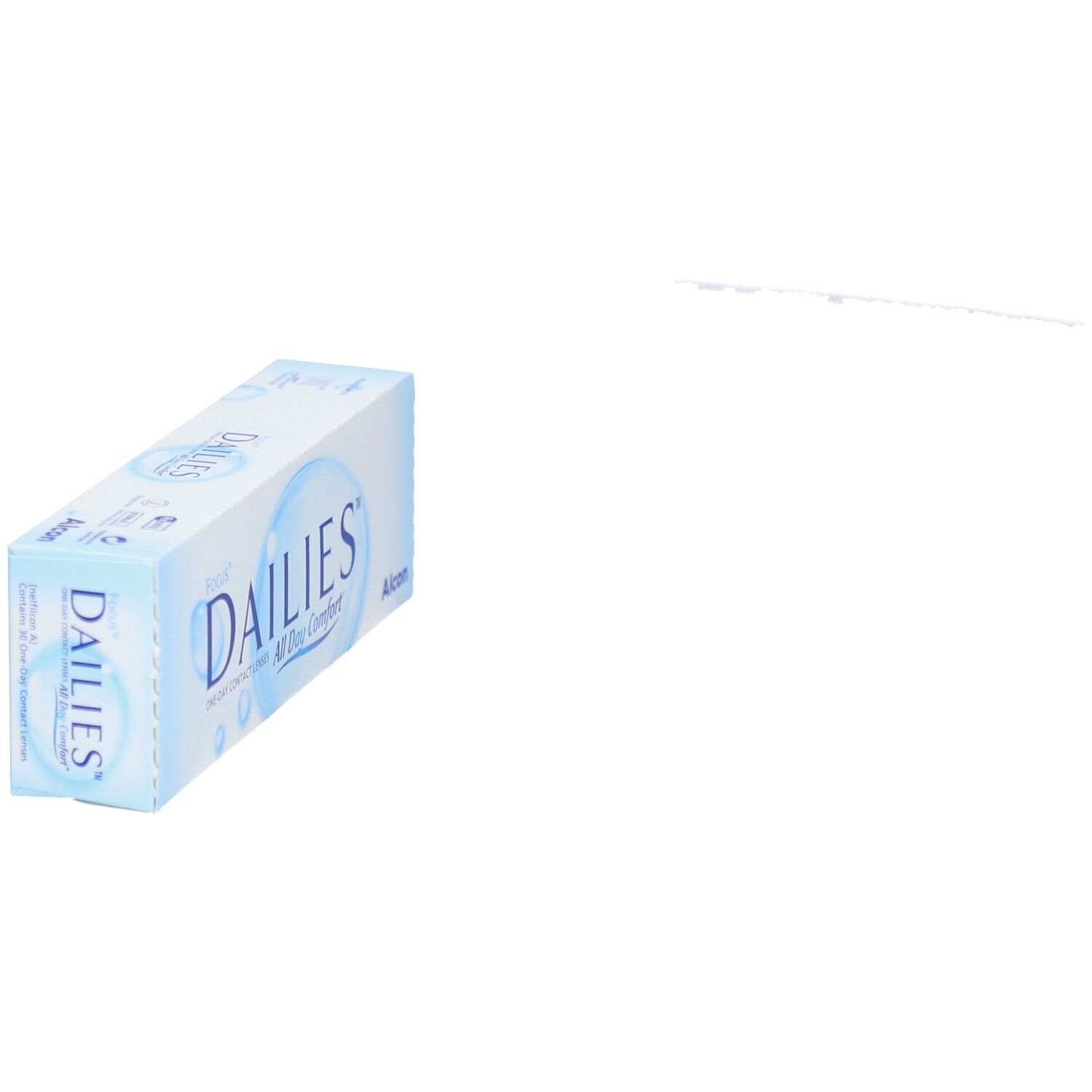 Schrägansicht der Focus Dailies All Day Comfort Kontaktlinsen-Verpackung. Blaue Schachtel mit Produktnamen.