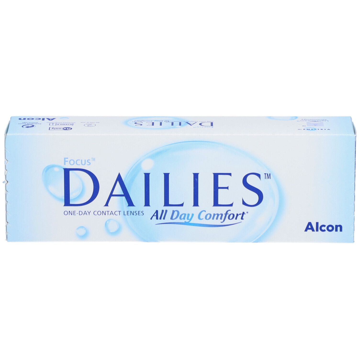 Vorderansicht der Focus Dailies All Day Comfort Kontaktlinsen-Verpackung. Blaue Schachtel mit Produktnamen und Logo.