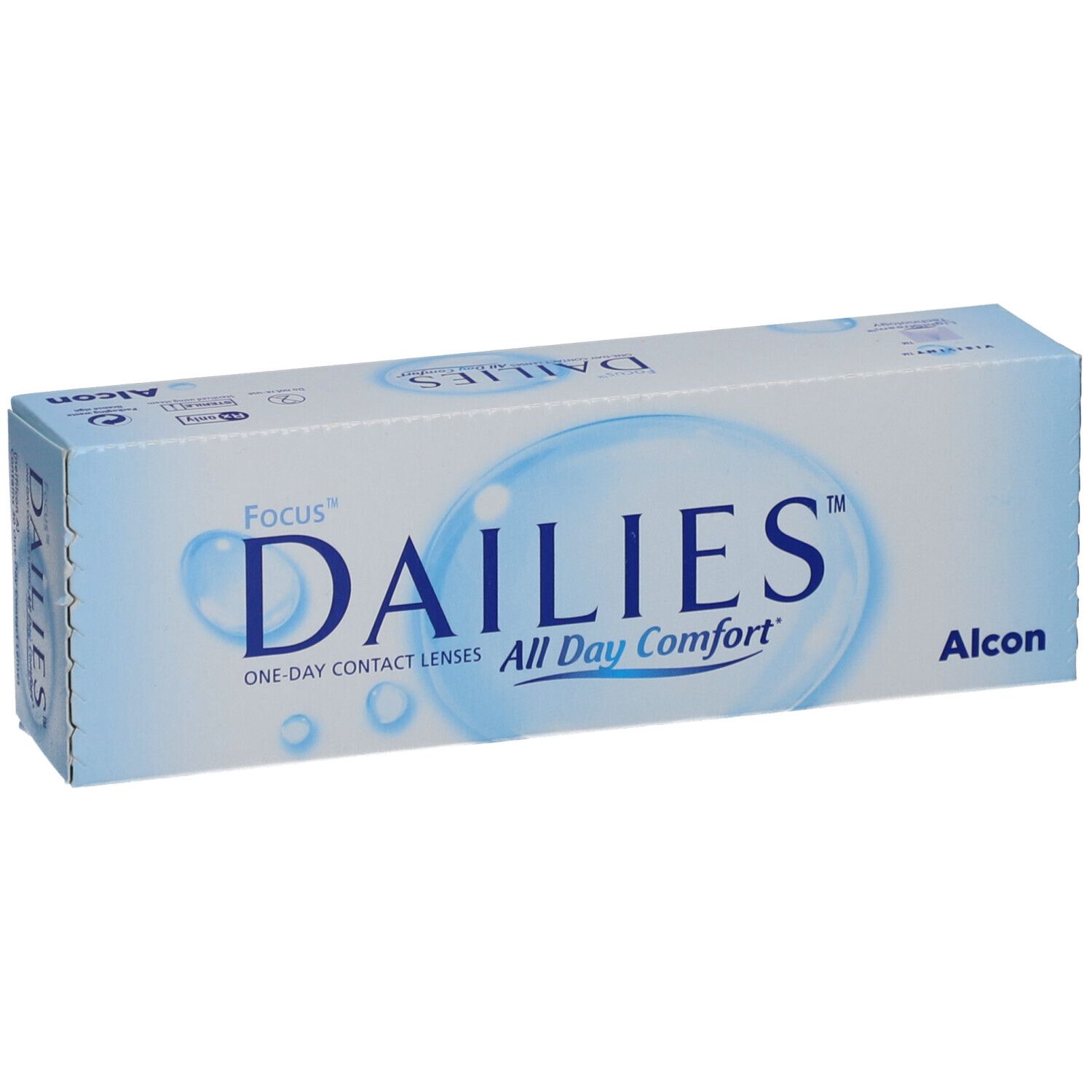 Vorderansicht der Focus Dailies All Day Comfort Kontaktlinsen-Verpackung. Blaue Schachtel mit Produktnamen und Logo.