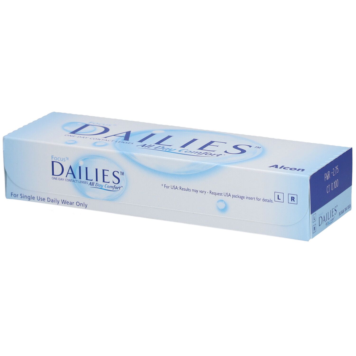 Verpackung von FOCUS® DAILIES® All Day Comfort Tageslinsen. Blaue und weiße Schachtel mit Produktnamen und Alcon-Logo. -2.75dpt.