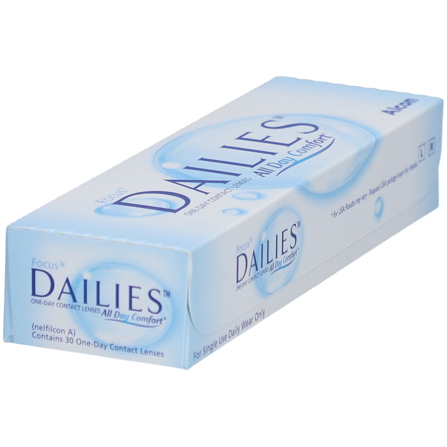Schachtel FOCUS® DAILIES® All Day Comfort Tageslinsen. Blaue und weiße Verpackung mit Produktnamen und Alcon-Logo. Enthält 30 Tageslinsen.