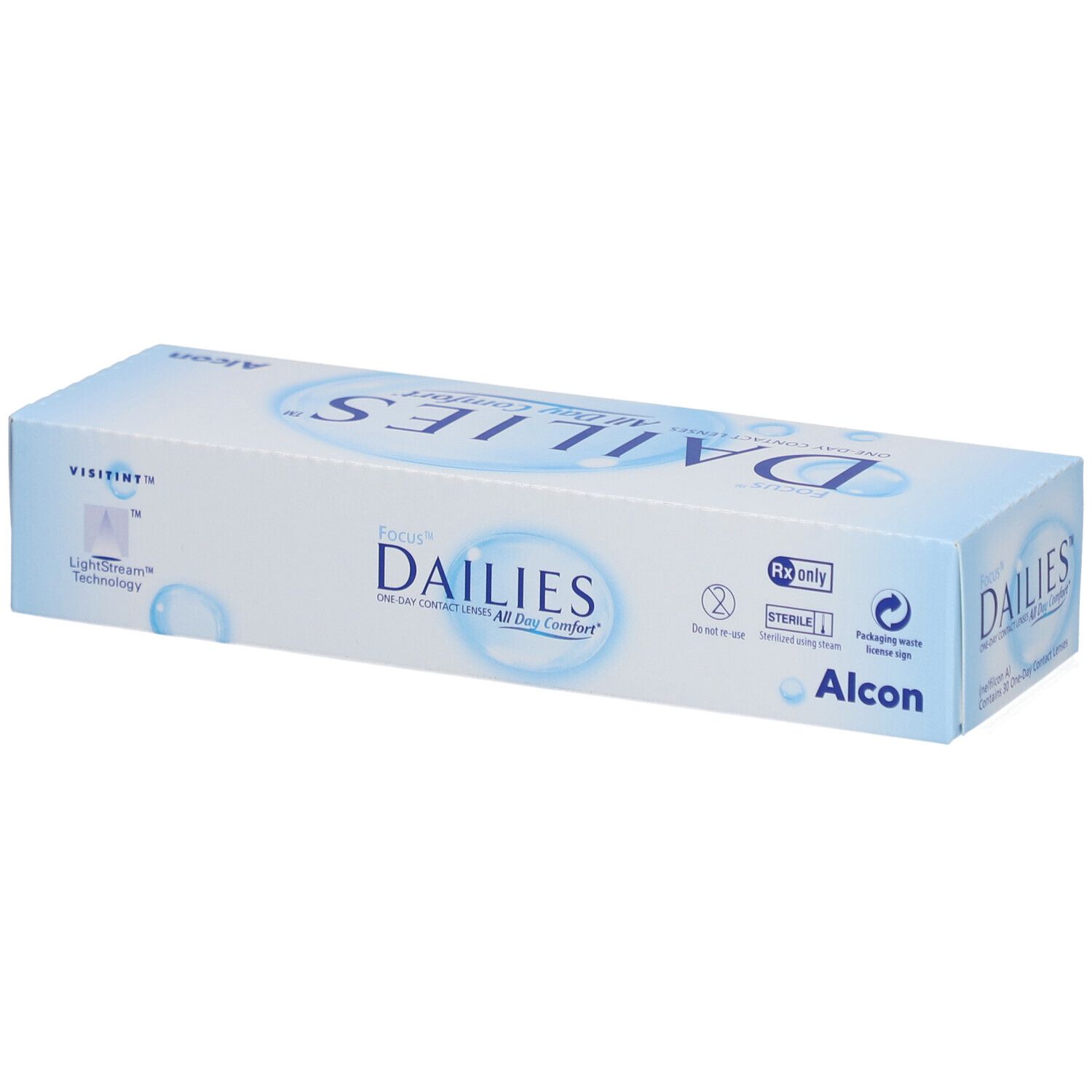 Verpackung von FOCUS® DAILIES® All Day Comfort Tageslinsen. Blaue und weiße Schachtel mit Produktnamen und Alcon-Logo. Visitenkarten-Technologie.