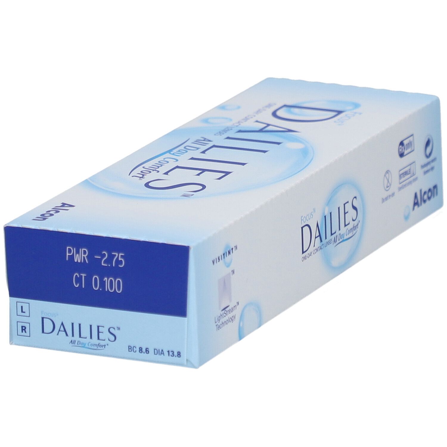 Schachtel FOCUS® DAILIES® All Day Comfort Tageslinsen. Blaue und weiße Verpackung mit Produktnamen und Alcon-Logo. PWR -2.75, CT 0.100.