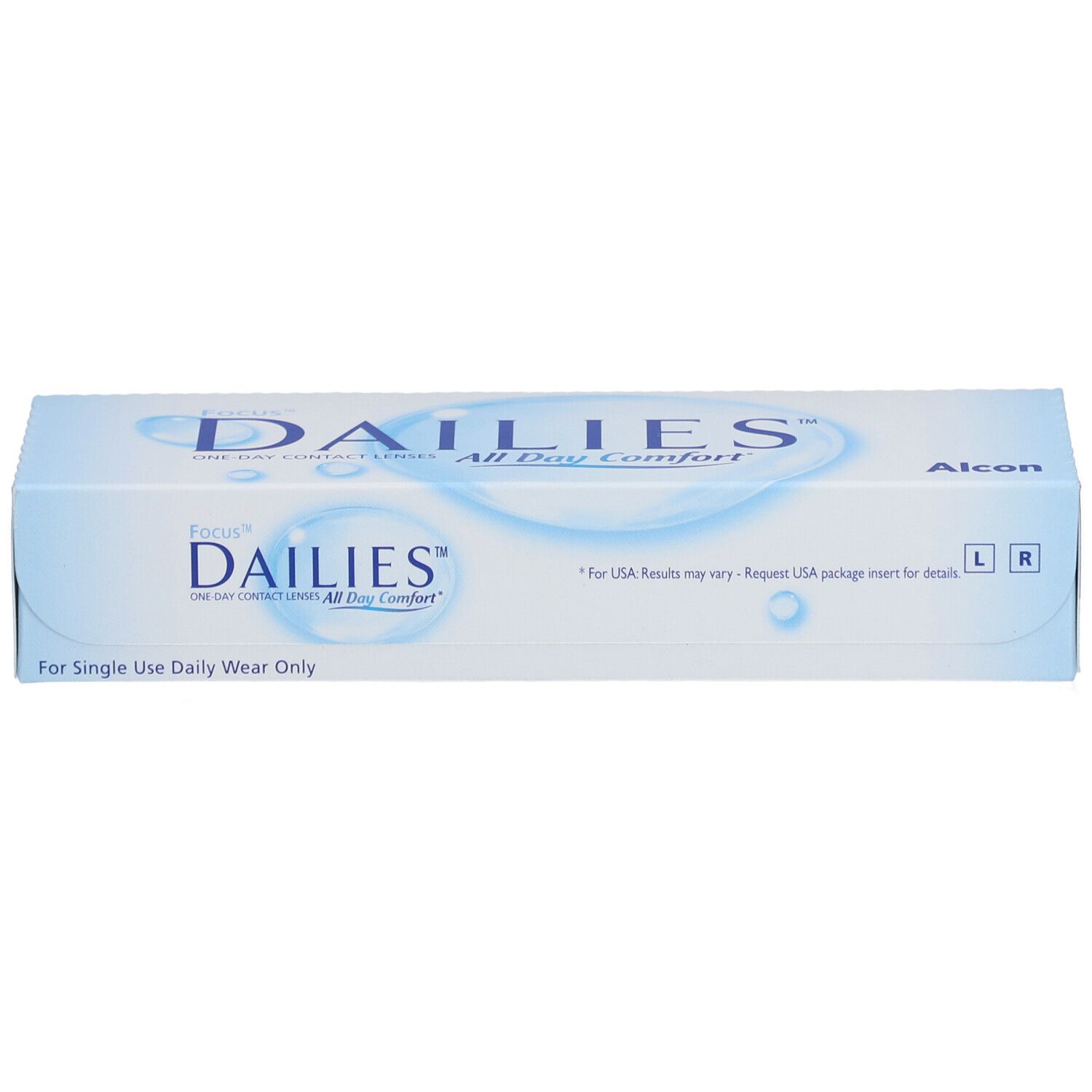 Verpackung von FOCUS® DAILIES® All Day Comfort Tageslinsen. Blaue und weiße Schachtel mit Produktnamen und Alcon-Logo. L und R Markierungen.