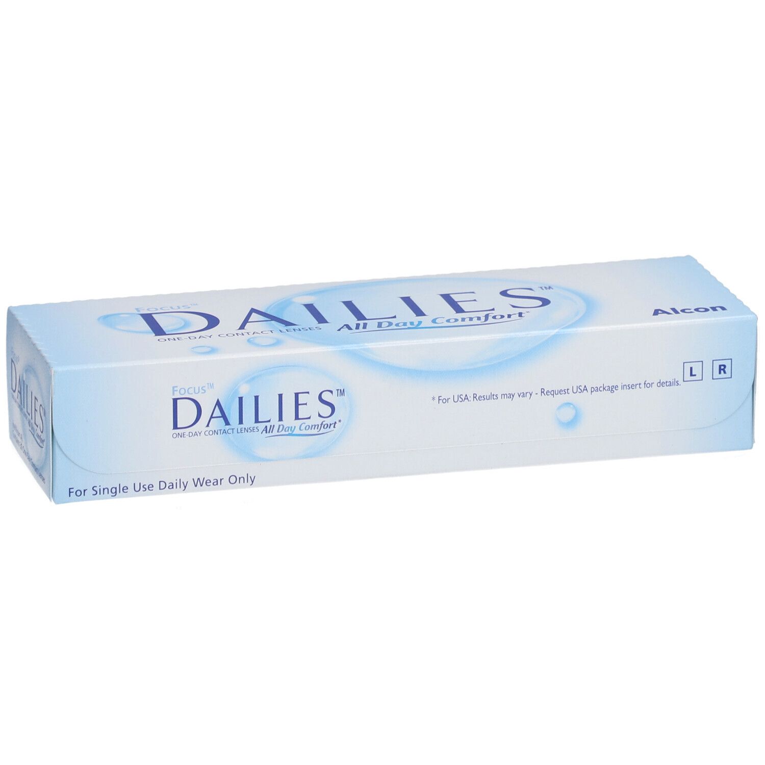 Verpackung von FOCUS® DAILIES® All Day Comfort Tageslinsen. Blaue und weiße Schachtel mit Produktnamen und Alcon-Logo. Für den täglichen Gebrauch.