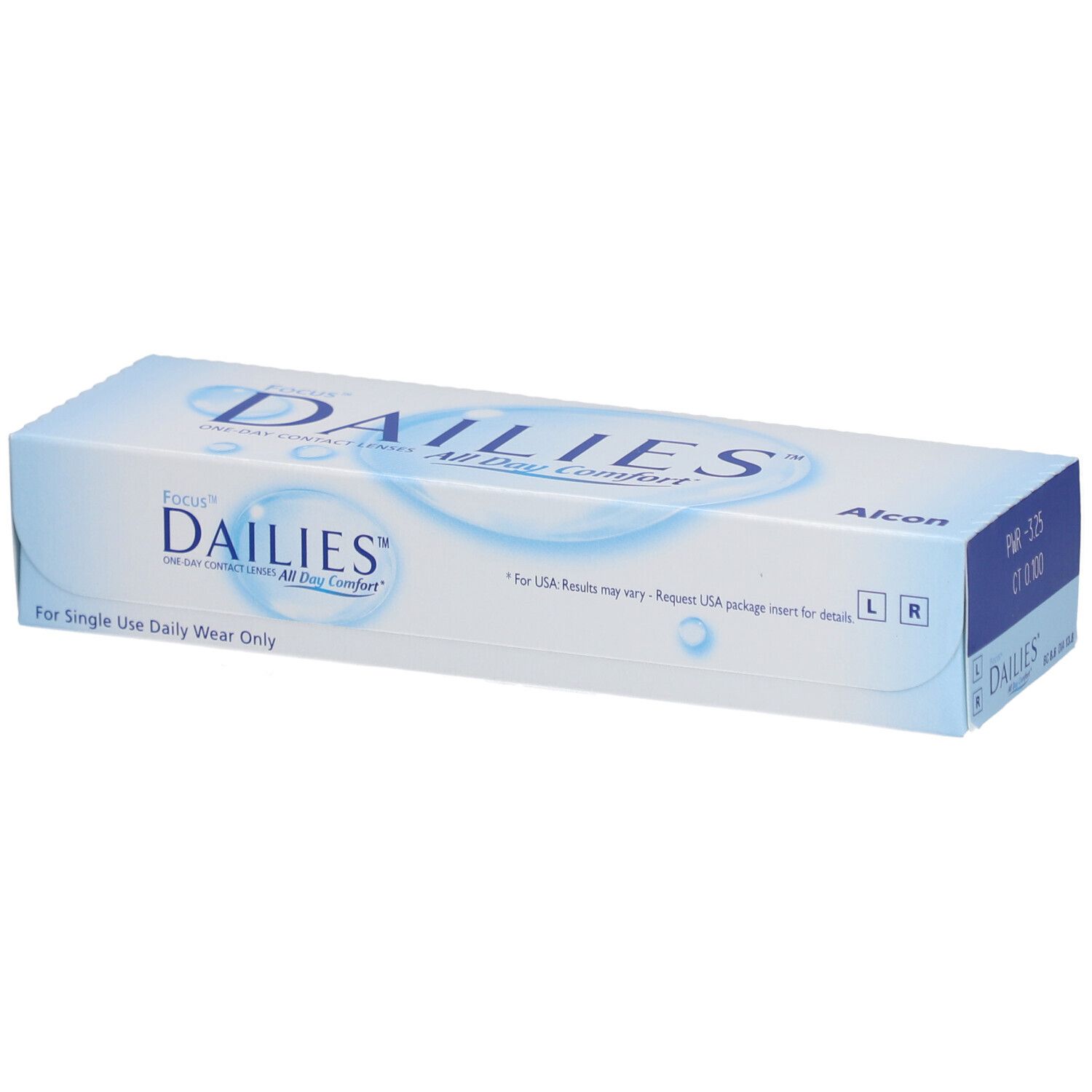 Boîte de lentilles de contact FOCUS® DAILIES® All Day Comfort. Boîte bleue et blanche avec nom et logo du produit. Logo Alcon.