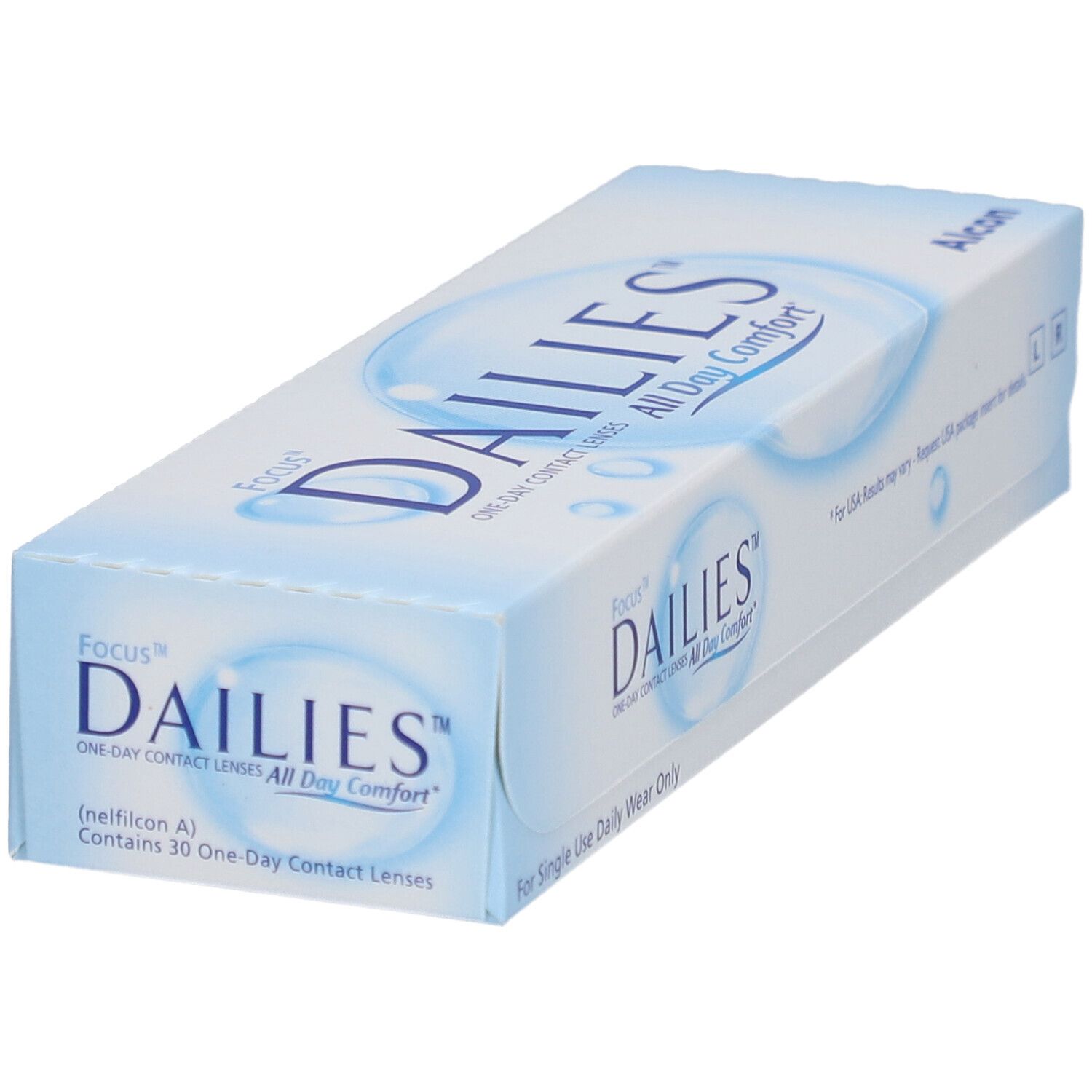 Boîte de lentilles de contact FOCUS® DAILIES® All Day Comfort. Emballage bleu et blanc. Nom et logo du produit visibles. Logo Alcon.