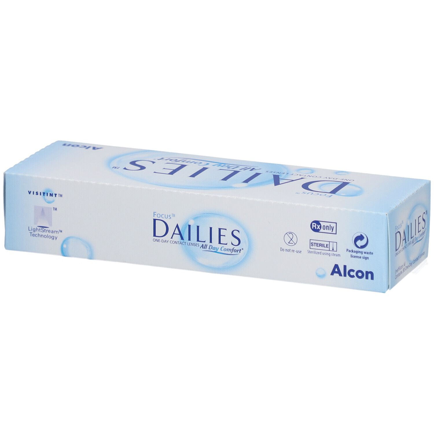 Emballage de lentilles de contact FOCUS® DAILIES® All Day Comfort. Boîte bleue et blanche. Nom et logo du produit. Logo Alcon. Carte de visite.