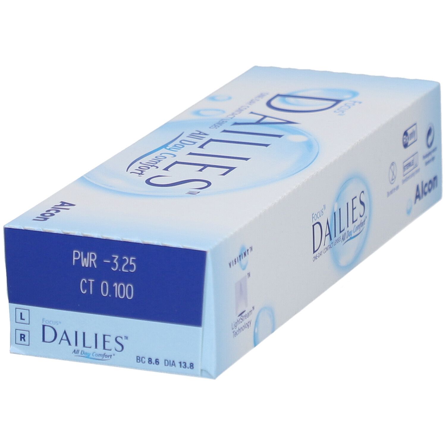 Boîte de lentilles de contact FOCUS® DAILIES® All Day Comfort. Emballage bleu et blanc. Informations produit, puissance -3,25. Logo Alcon.