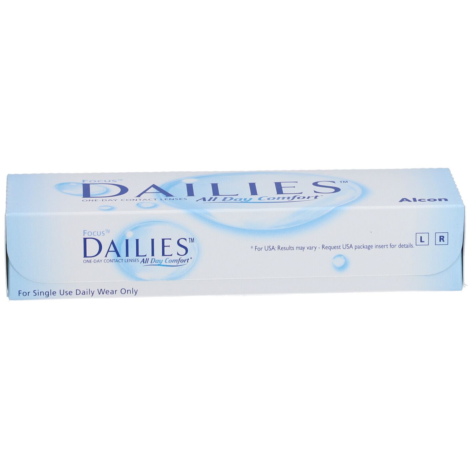 Emballage de lentilles de contact FOCUS® DAILIES® All Day Comfort. Boîte bleue et blanche. Nom et logo du produit. Logo Alcon. Marquage G/D.