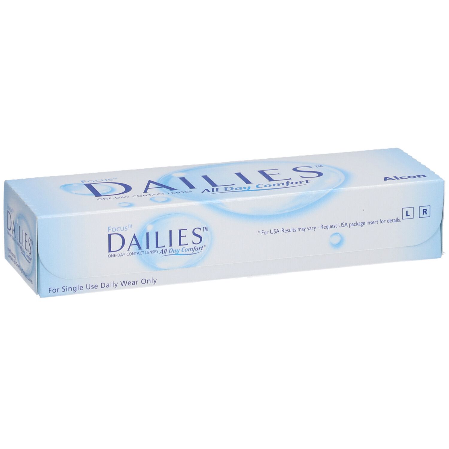 Emballage de lentilles de contact FOCUS® DAILIES® All Day Comfort. Boîte bleue et blanche. Nom et logo du produit. Logo Alcon. Marquage G/D.