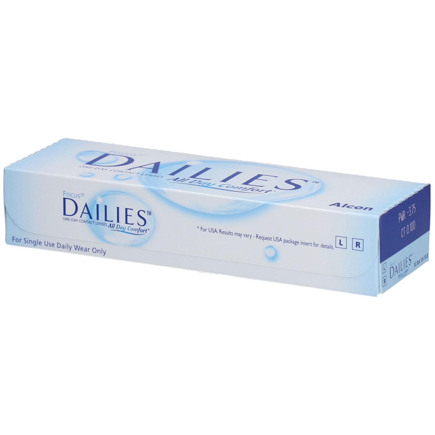 Verpackung von FOCUS® DAILIES® All Day Comfort Tageslinsen. Blaue und weiße Schachtel mit Produktnamen und Alcon-Logo.