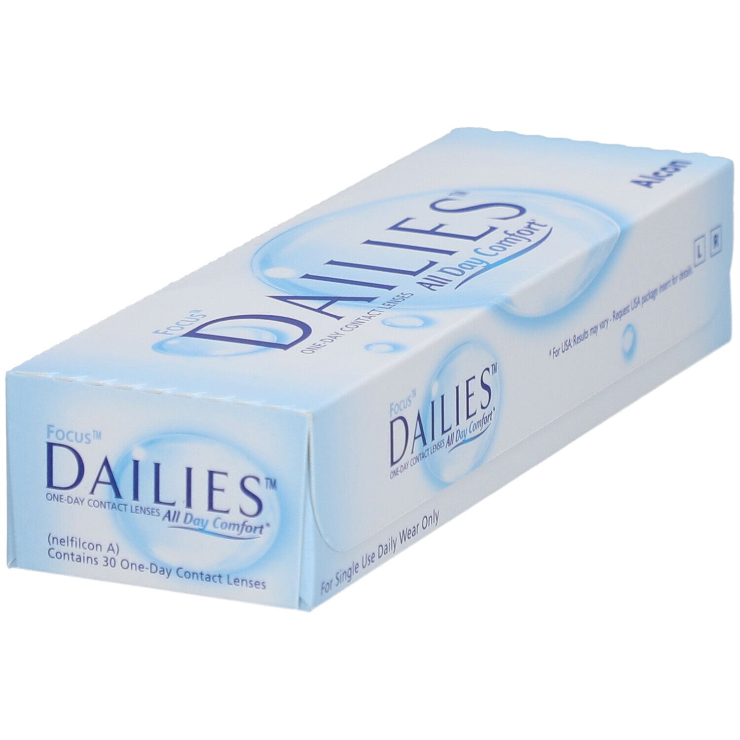 Schachtel mit FOCUS® DAILIES® All Day Comfort Tageslinsen. Blaue und weiße Verpackung mit Produktnamen und Alcon-Logo.