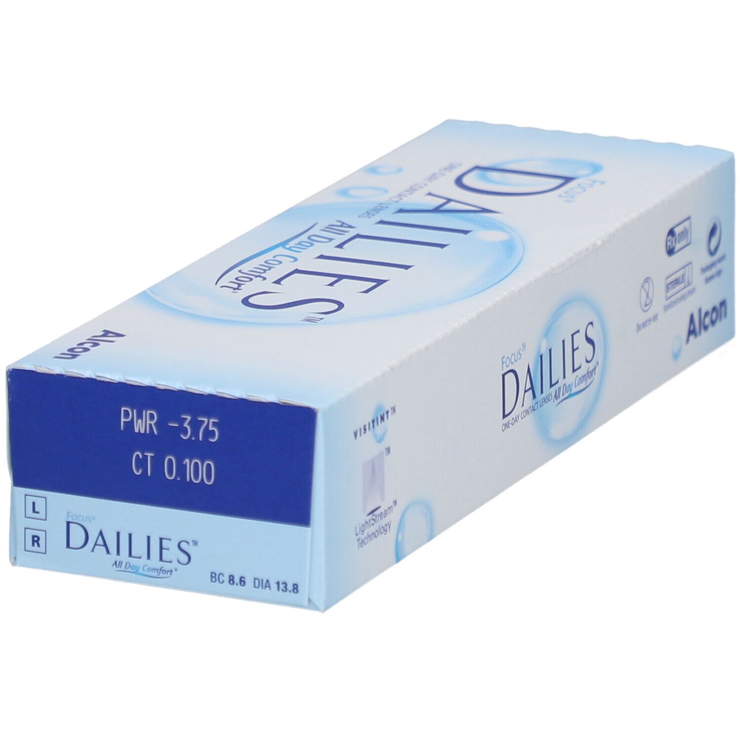 Schachtel mit FOCUS® DAILIES® All Day Comfort Tageslinsen. Blaue und weiße Verpackung mit Produktinformationen und Alcon-Logo.