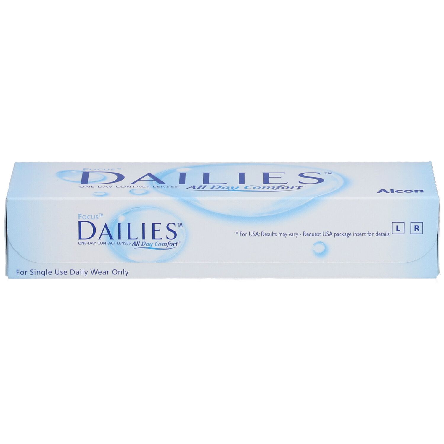 Verpackung von FOCUS® DAILIES® All Day Comfort Tageslinsen. Blaue und weiße Schachtel mit Produktnamen und Alcon-Logo.