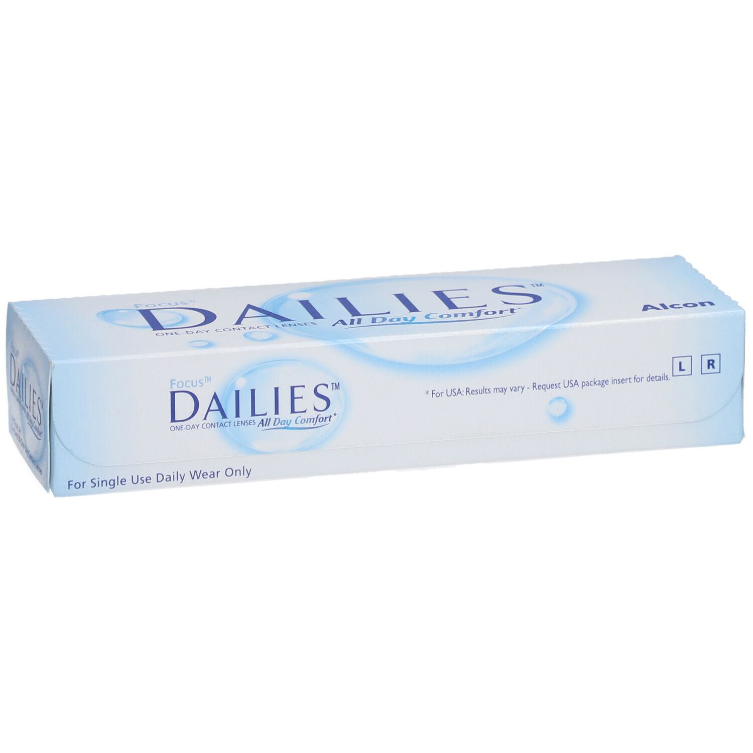 Verpackung von FOCUS® DAILIES® All Day Comfort Tageslinsen. Blaue und weiße Schachtel mit Produktnamen und Alcon-Logo.