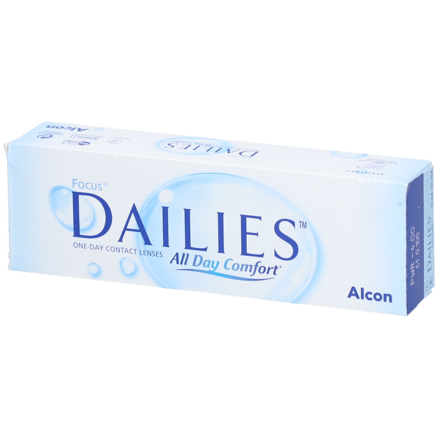 Boîte de lentilles de contact FOCUS® DAILIES® All Day Comfort. Inscription : Focus Dailies, Alcon. Emballage bleu et blanc.