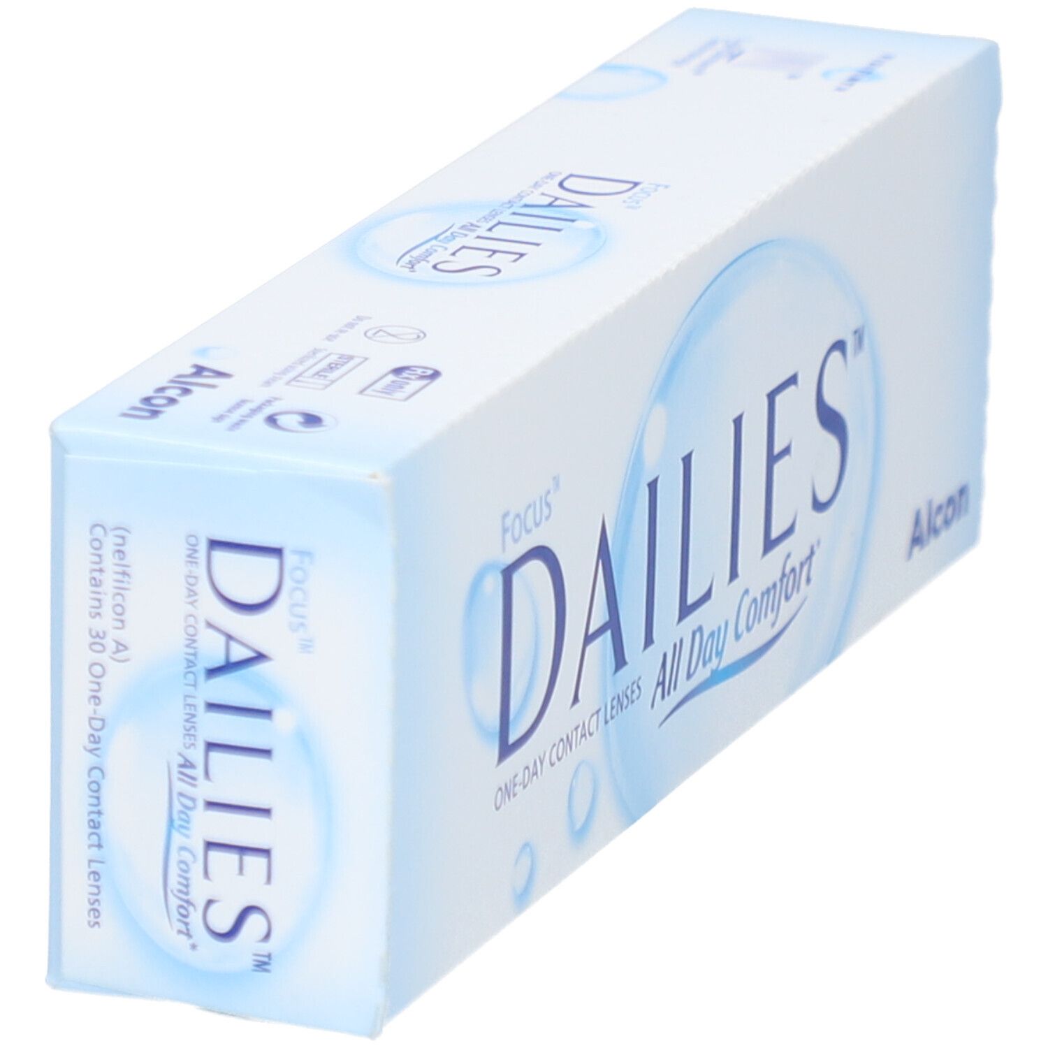Vue en biais de la boîte de lentilles de contact FOCUS® DAILIES® All Day Comfort. Inscription : Focus Dailies, Alcon. Emballage bleu et blanc.