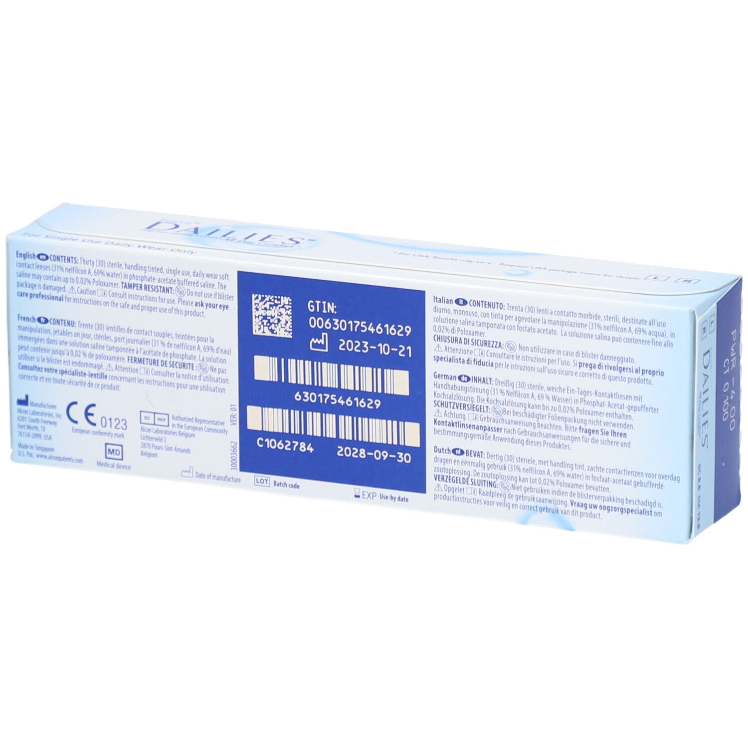 Dos de la boîte de lentilles de contact FOCUS® DAILIES® All Day Comfort. Contient des informations et des codes. Marquage CE.