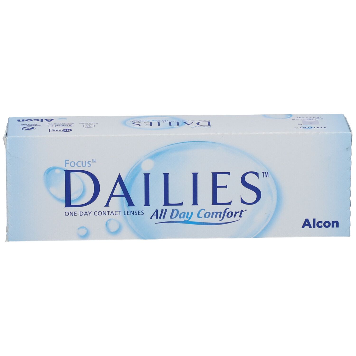 Boîte de lentilles de contact FOCUS® DAILIES® All Day Comfort. Inscription : Focus Dailies, Alcon. Emballage bleu et blanc.
