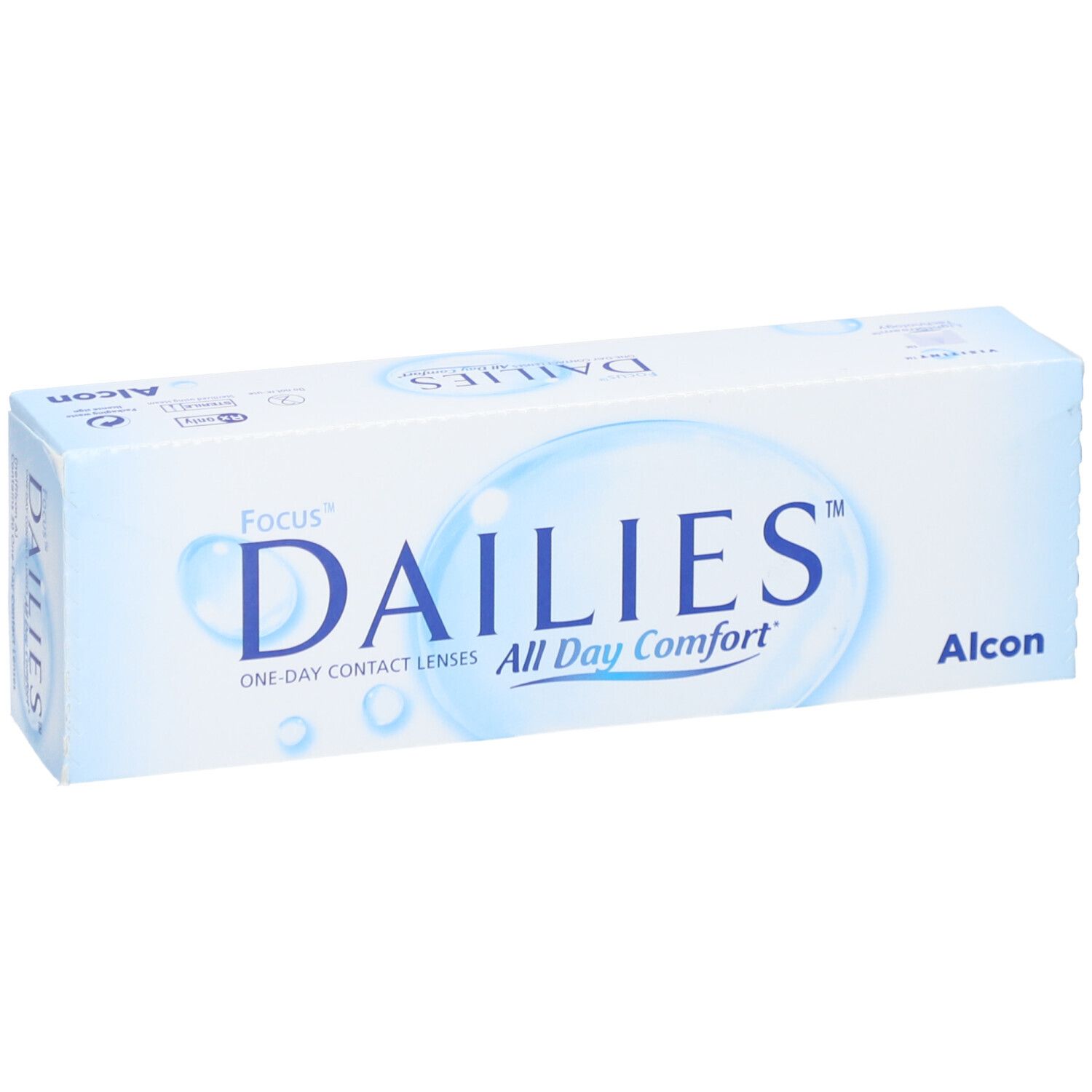 Boîte de lentilles de contact FOCUS® DAILIES® All Day Comfort. Inscription : Focus Dailies, Alcon. Emballage bleu et blanc.