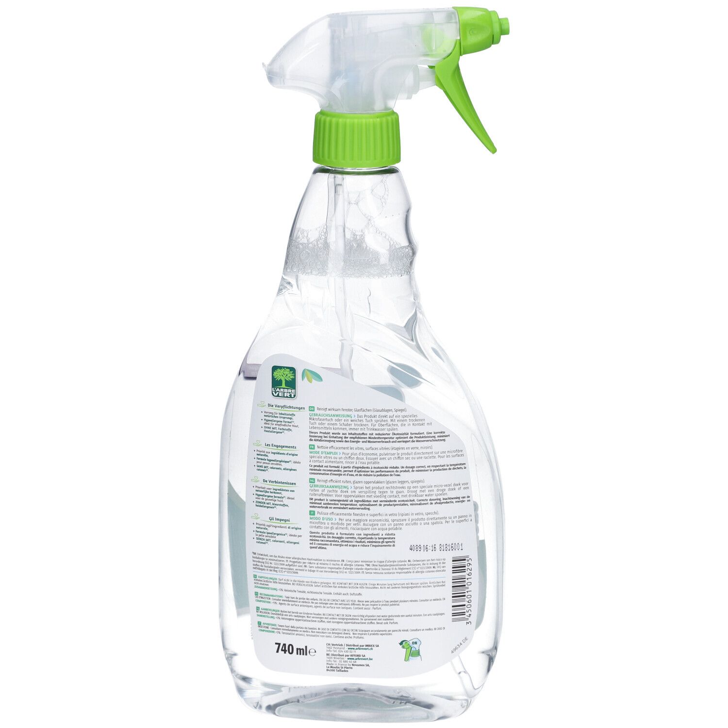 Rückansicht der Glasreiniger-Sprühflasche. Etikett mit Text und L'ARBRE VERT-Logo. Volumen: 740 ml.