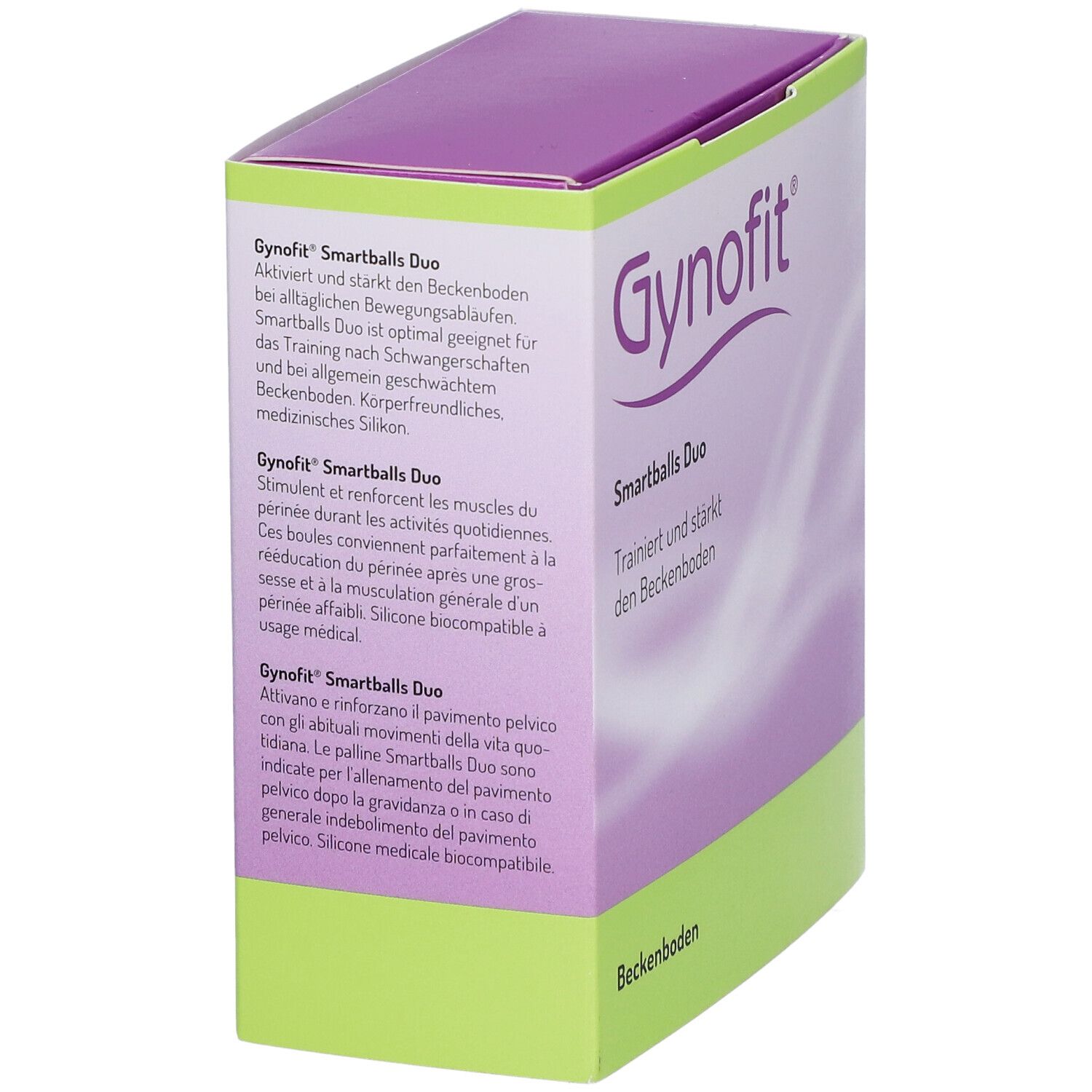 Gynofit Smartballs Duo Verpackung, Seitenansicht. Text in Deutsch, Französisch und Italienisch. Lila und weiß.