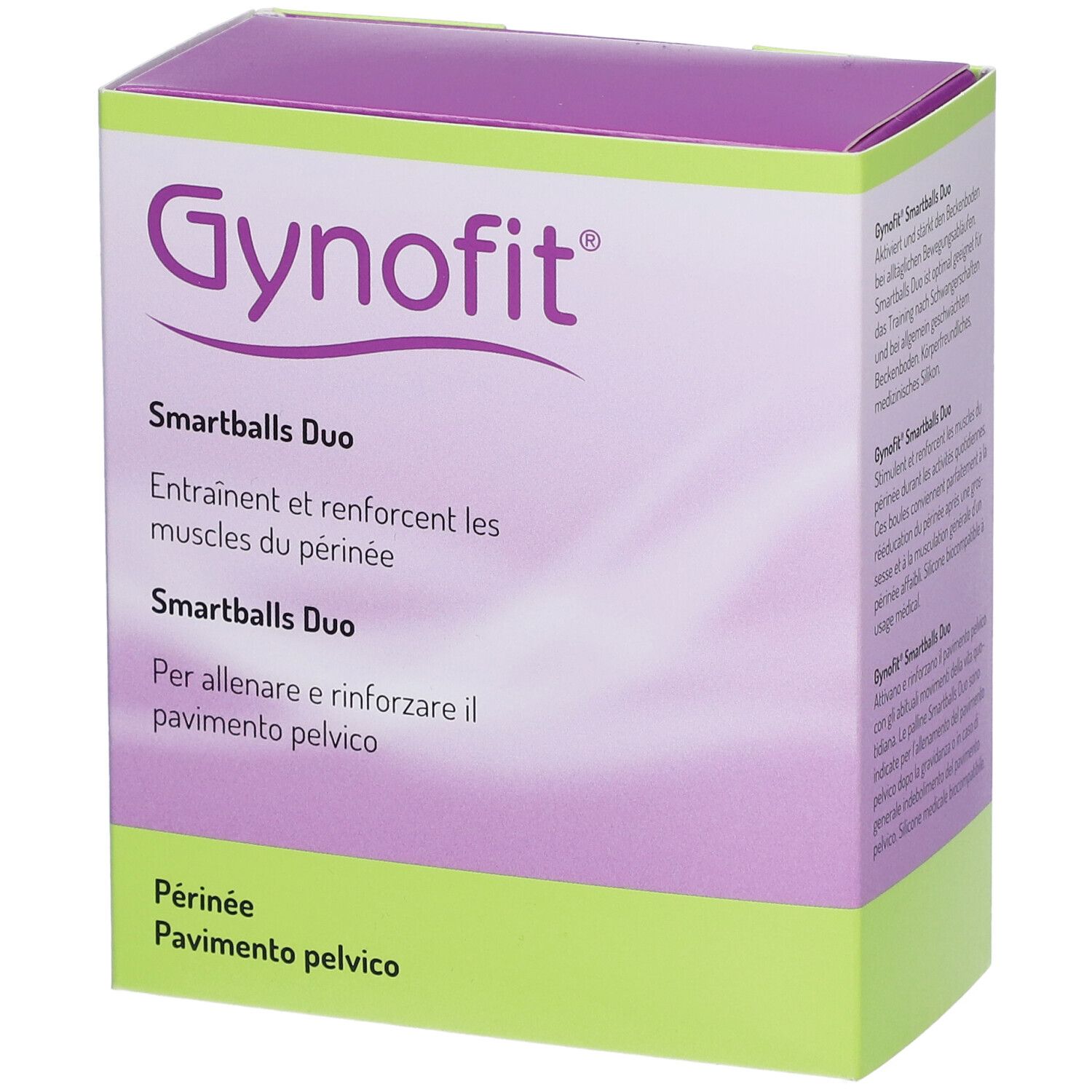 Gynofit Smartballs Duo Verpackung, Vorderseite. Text in Deutsch, Französisch und Italienisch. Lila und weiß.