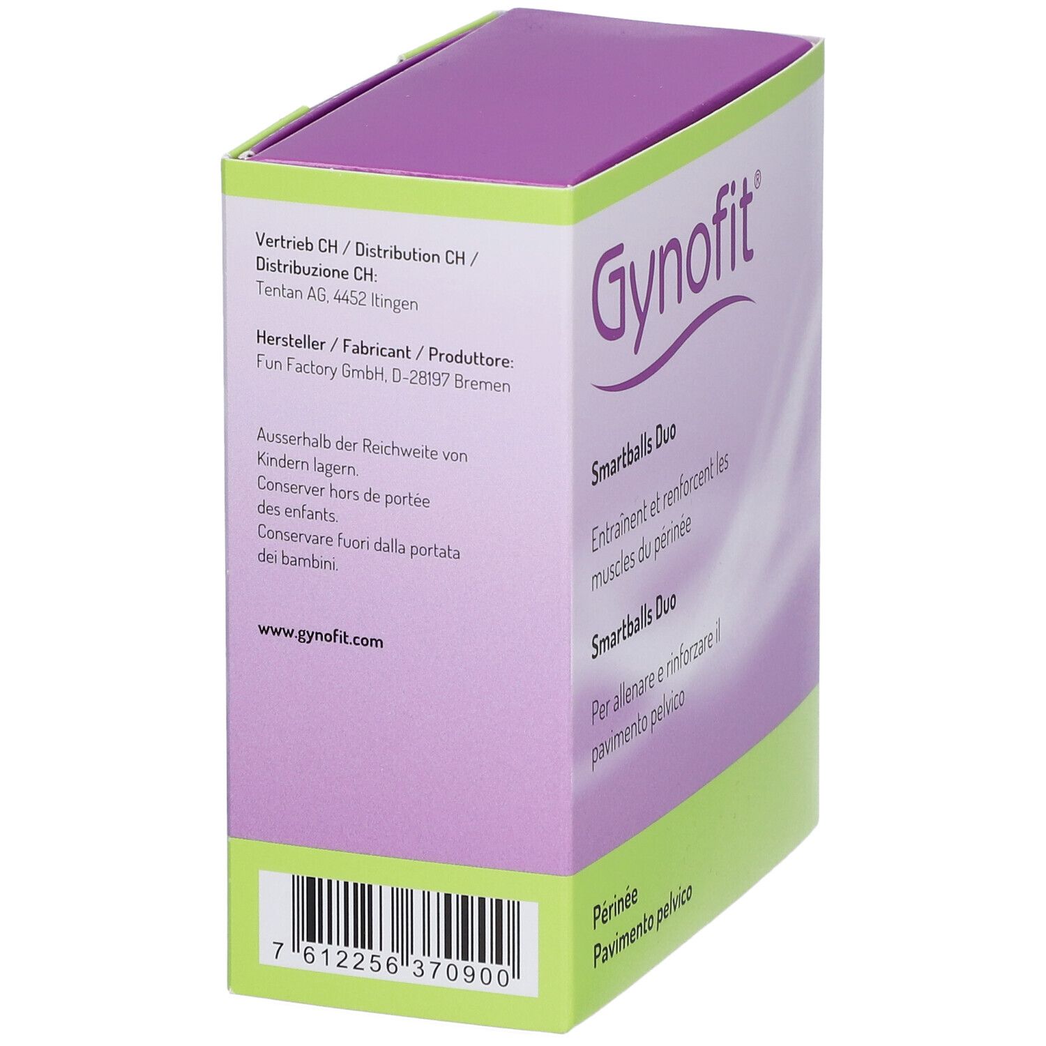 Rückseite der Gynofit Smartballs Duo Verpackung. Text in Deutsch, Französisch und Italienisch. Lila und weiß.