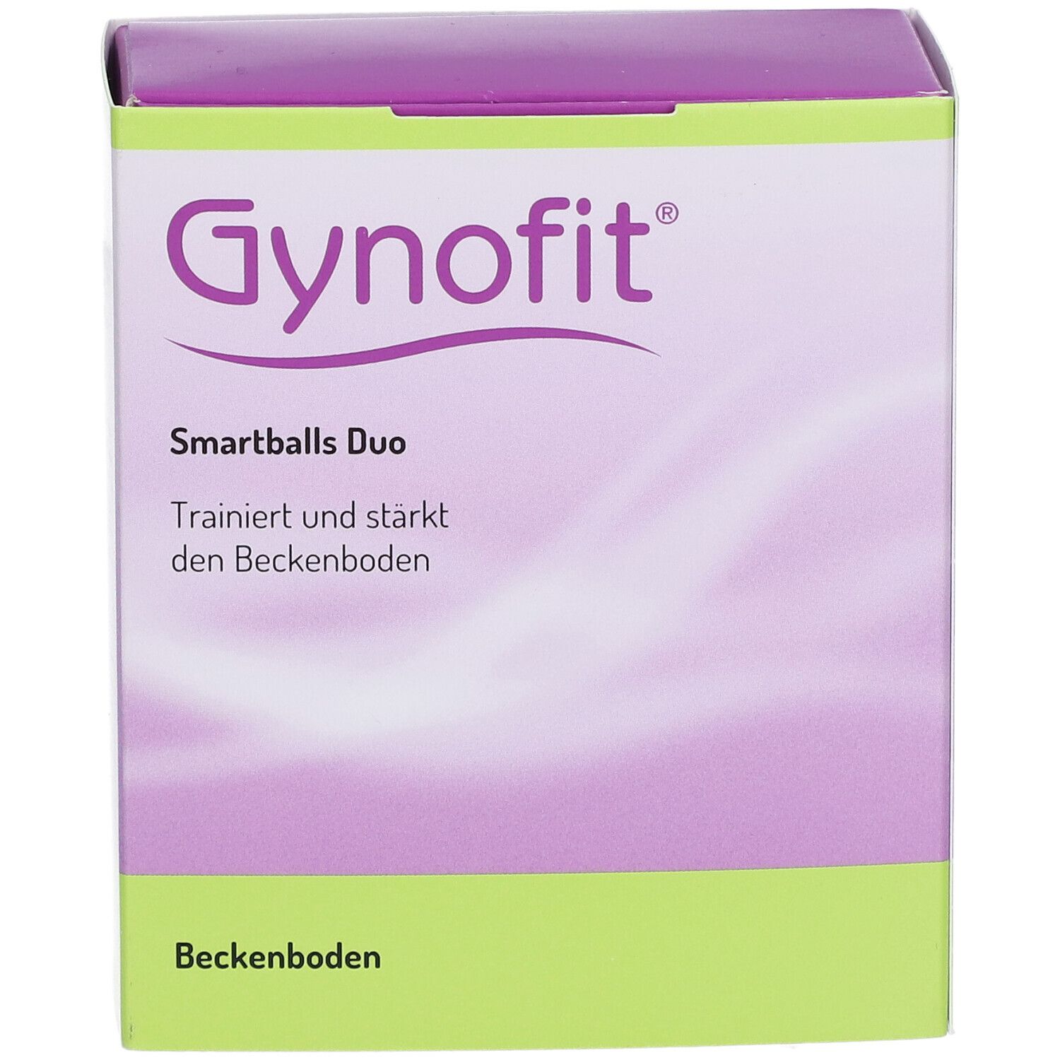 Gynofit Smartballs Duo Verpackung. Vorderansicht. Lila-weiße Schachtel mit Produktnamen und Beschreibung.
