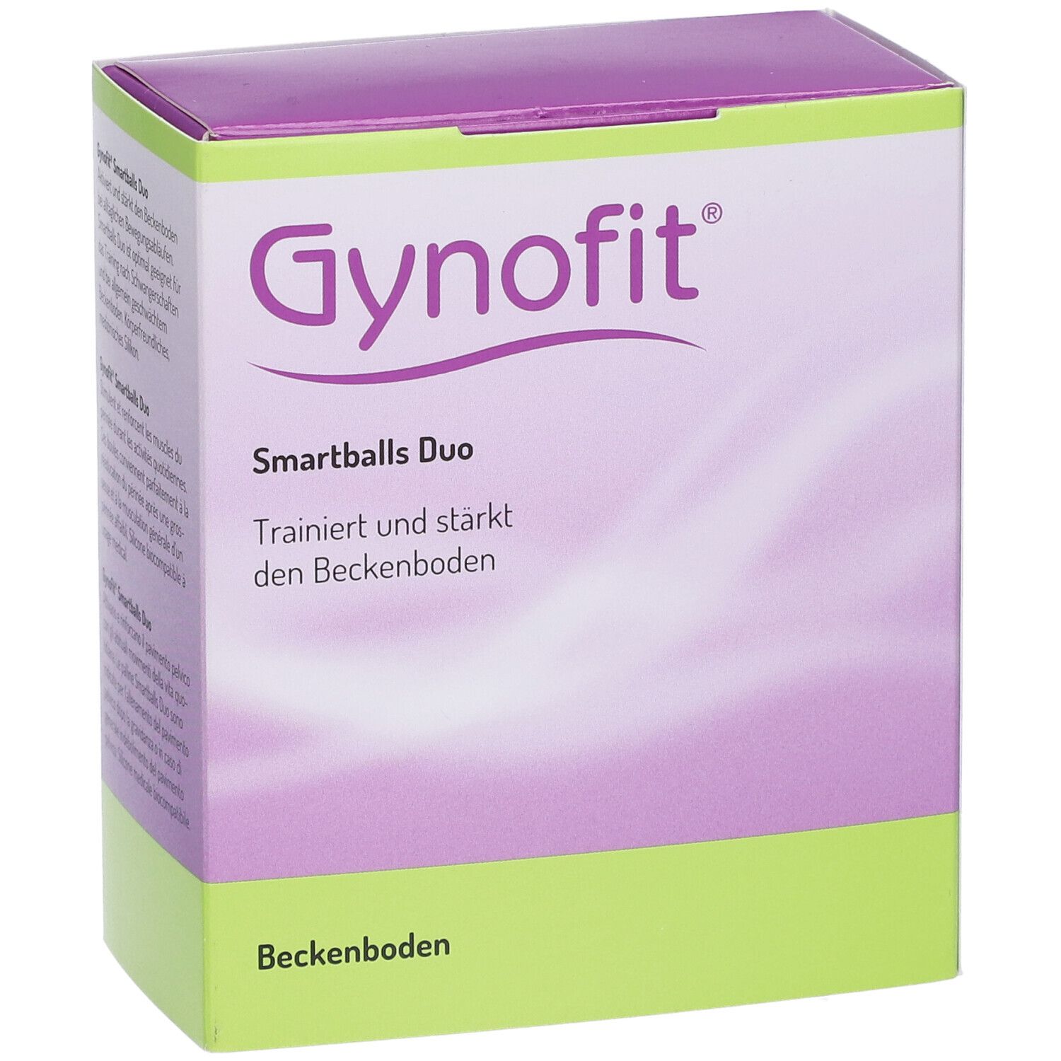 Gynofit Smartballs Duo Verpackung. Vorderansicht. Lila-weiße Schachtel mit Produktnamen und Beschreibung.