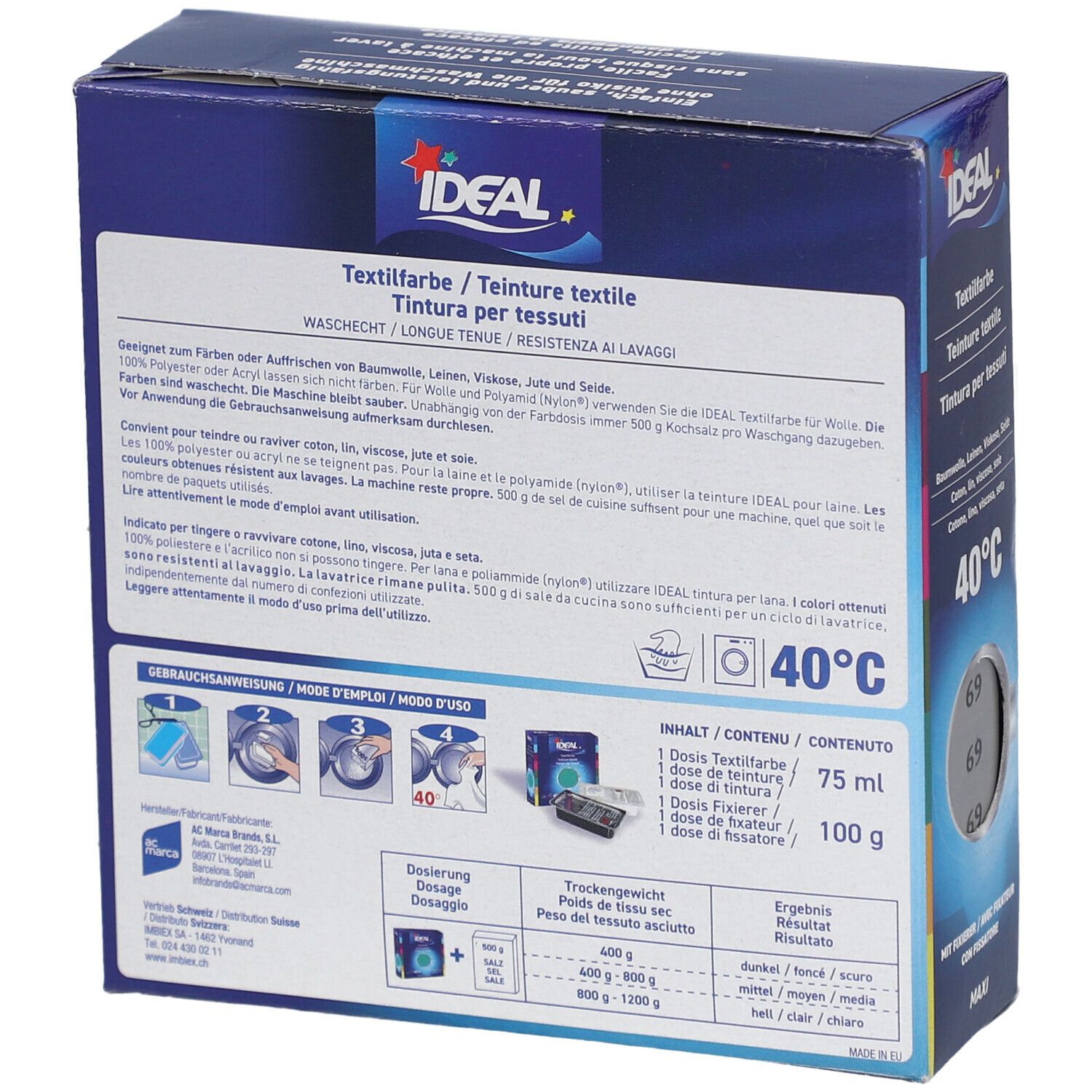 Rückseite der IDEAL Textilfarbe Packung. Textinformationen, Waschsymbole, Dosierungsanleitung. Inhalt: 75 ml Textilfarbe, 100 g Fixierer.