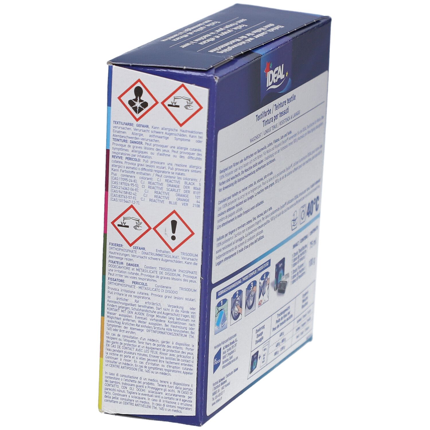 IDEAL Textilfarbe Packung. Warnhinweise und Gefahrensymbole. Textinformationen. Waschsymbole. 40°C. Rückansicht.