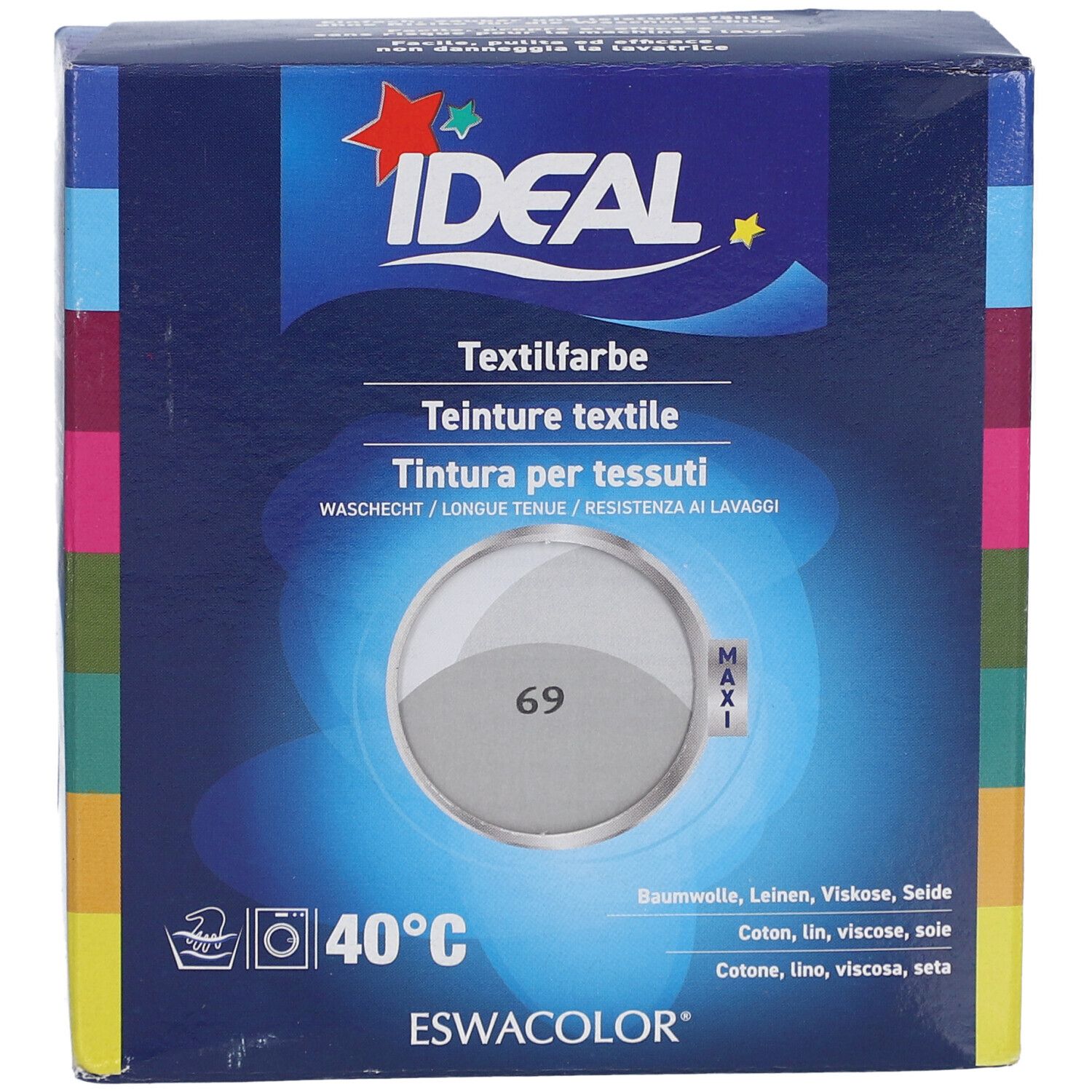 IDEAL Textilfarbe Packung. Perlgraue Farbkarte mit Nummer 69. Waschsymbol und 40°C. Baumwolle, Leinen, Viskose, Seide.