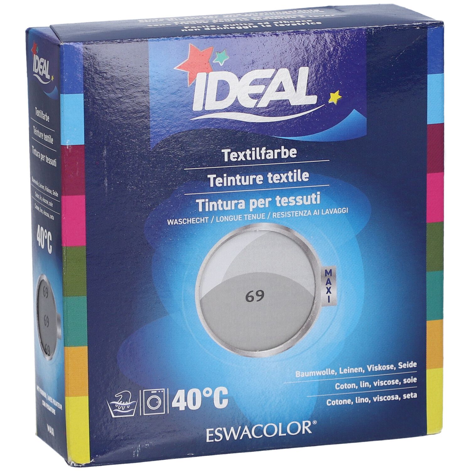 IDEAL Textilfarbe Packung. Perlgraue Farbkarte mit Nummer 69. Waschsymbol und 40°C. ESWACOLOR Logo.