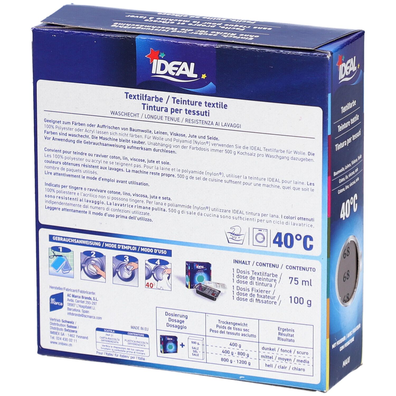 Rückseite der IDEAL Textilfarbe-Verpackung. Enthält Anweisungen, Inhaltsstoffe und Waschhinweise. Waschbar bis 40°C.