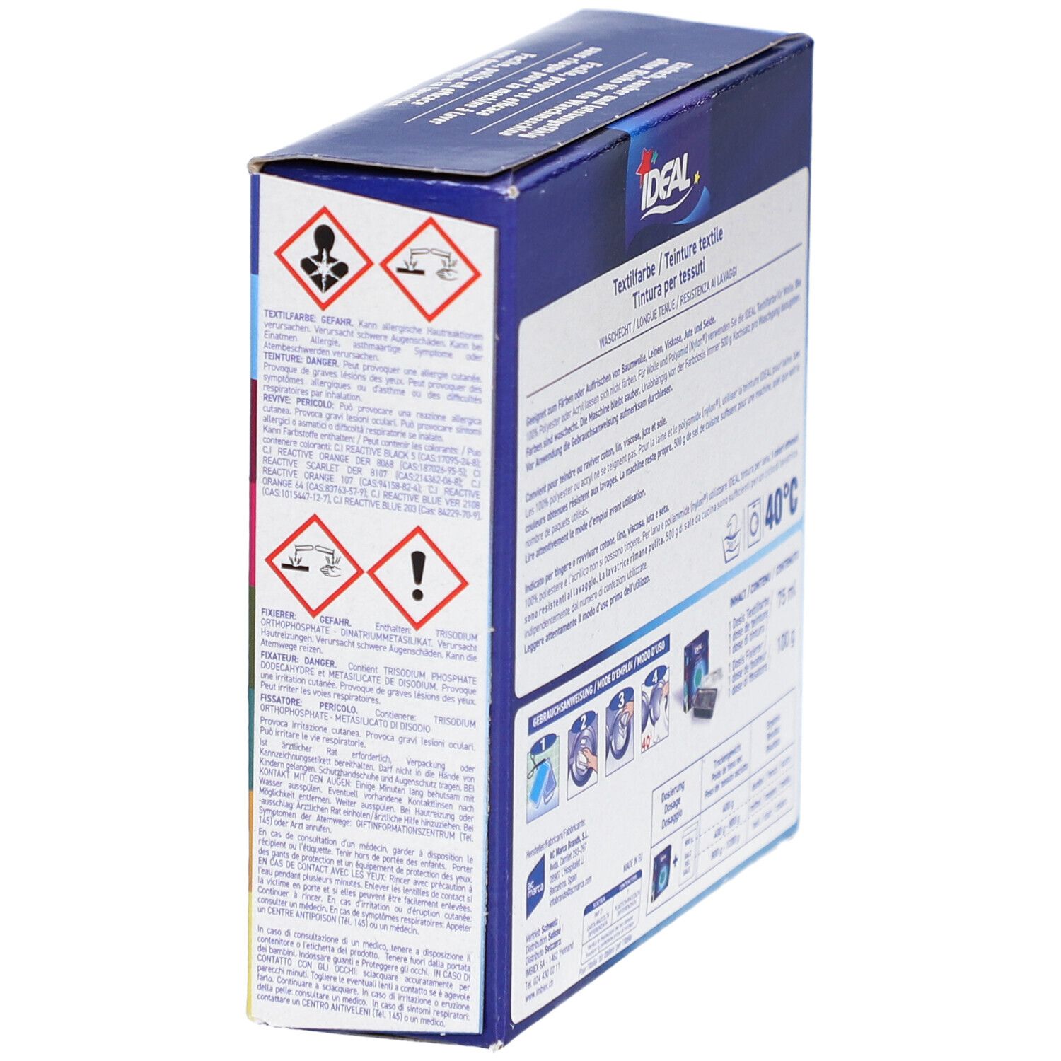 Seite der IDEAL Textilfarbe-Verpackung mit Warnhinweisen und Waschsymbolen. Waschbar bis 40°C.