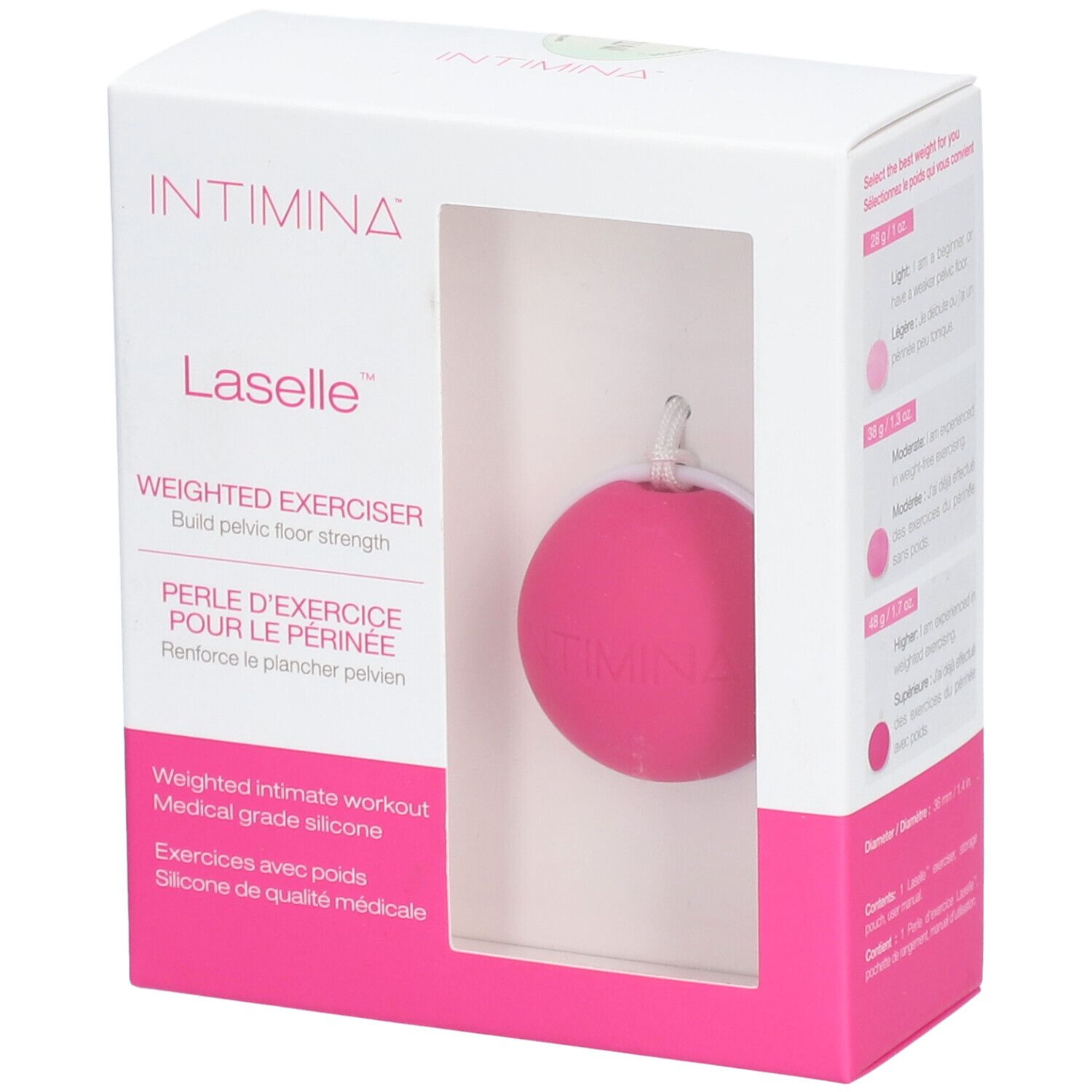 INTIMINA Laselle, rosa Kugel mit weißer Schnur, in weißer Verpackung mit Sichtfenster. Text: Weighted Exerciser.