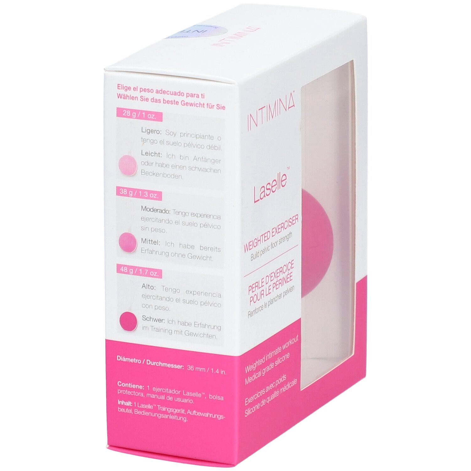 Verpackung von INTIMINA Laselle. Rosa und weiße Box mit Sichtfenster. Text: Laselle, Weighted Exerciser. Durchmesser 36 mm.