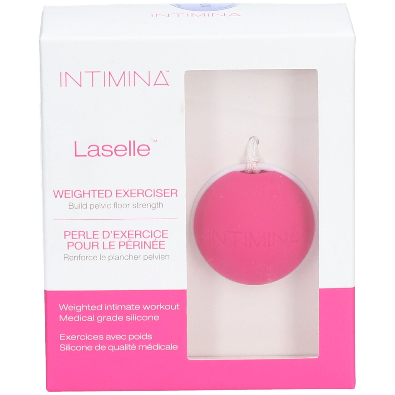 INTIMINA Laselle, rosa Kugel mit weißer Schnur, in weißer Verpackung mit Sichtfenster. Text: Weighted Exerciser.