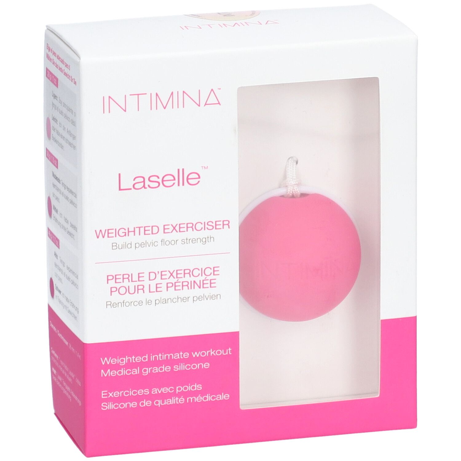 INTIMINA Laselle, rosa Kugel mit weißer Schnur, in weißer Verpackung mit Sichtfenster. Text: Weighted Exerciser.