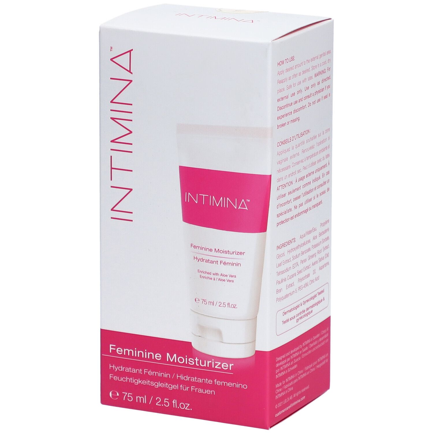 Weißer Karton mit rosa Akzenten. Tube mit rosa Streifen und Text. "INTIMINA"-Logo. "Feminine Moisturizer"-Text.