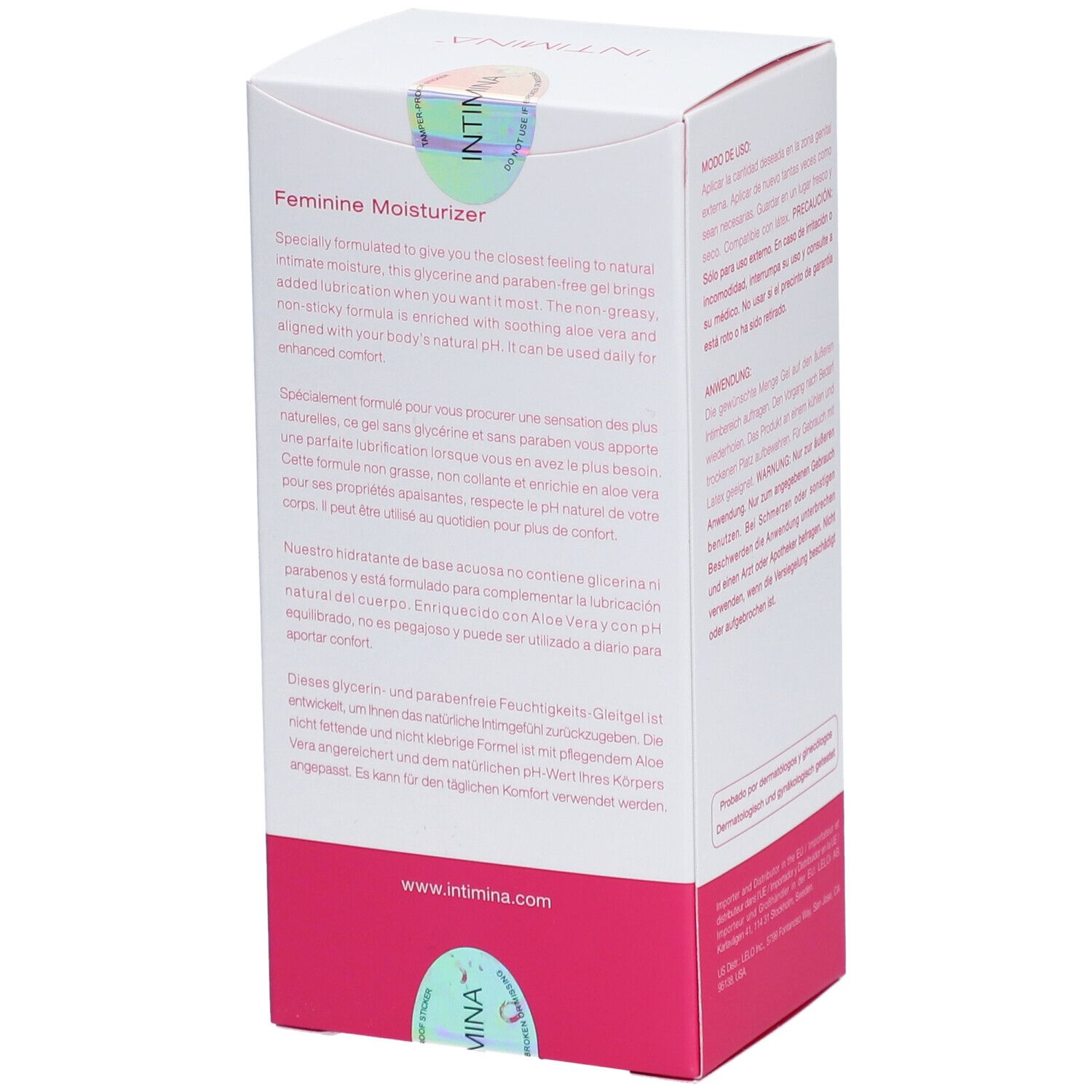 Verpackung mit Text in mehreren Sprachen. "INTIMINA"-Logo. Siegel. Text über Inhaltsstoffe und Anwendung.