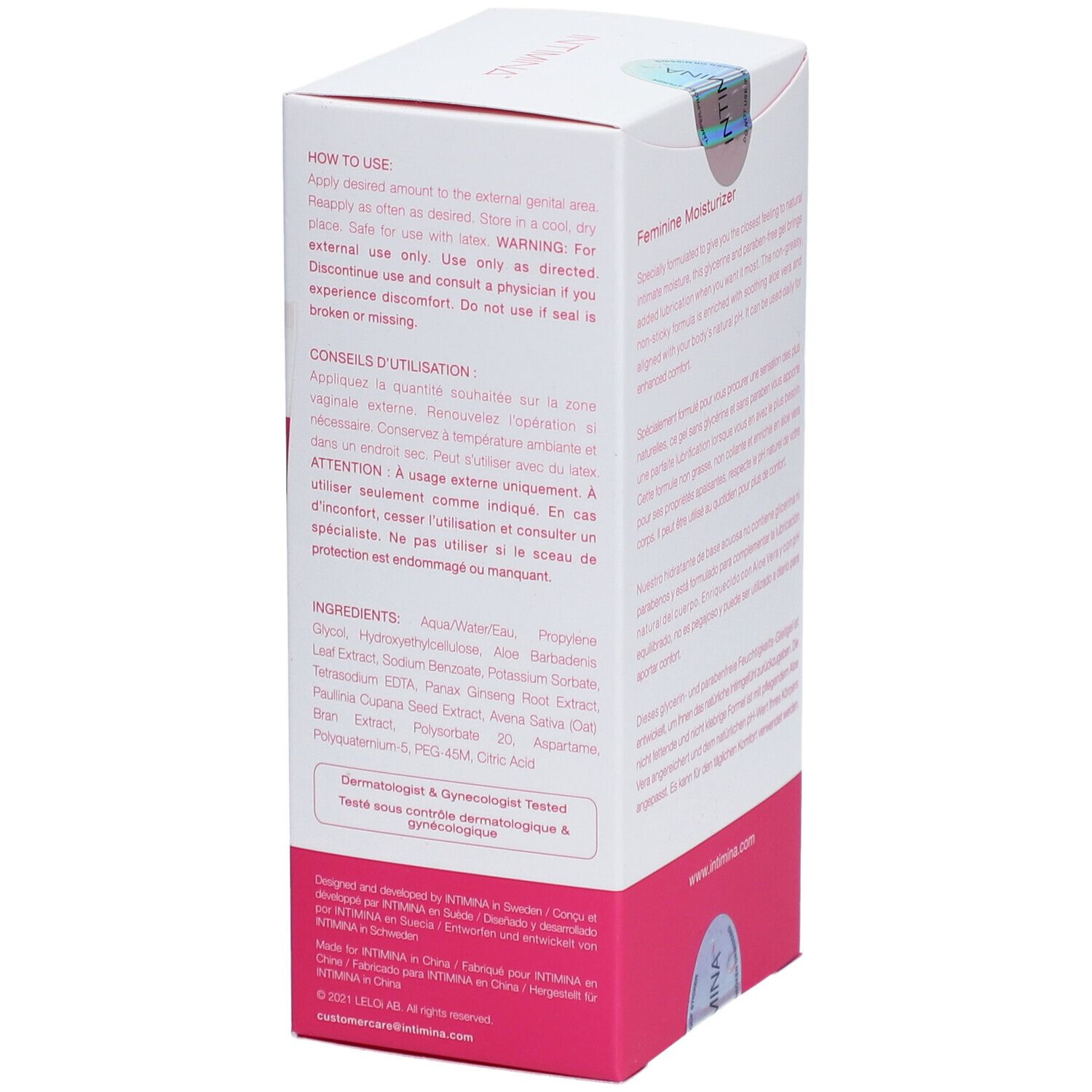 Verpackung mit Text in mehreren Sprachen. "INTIMINA"-Logo. Siegel. Text über Anwendung und Inhaltsstoffe.