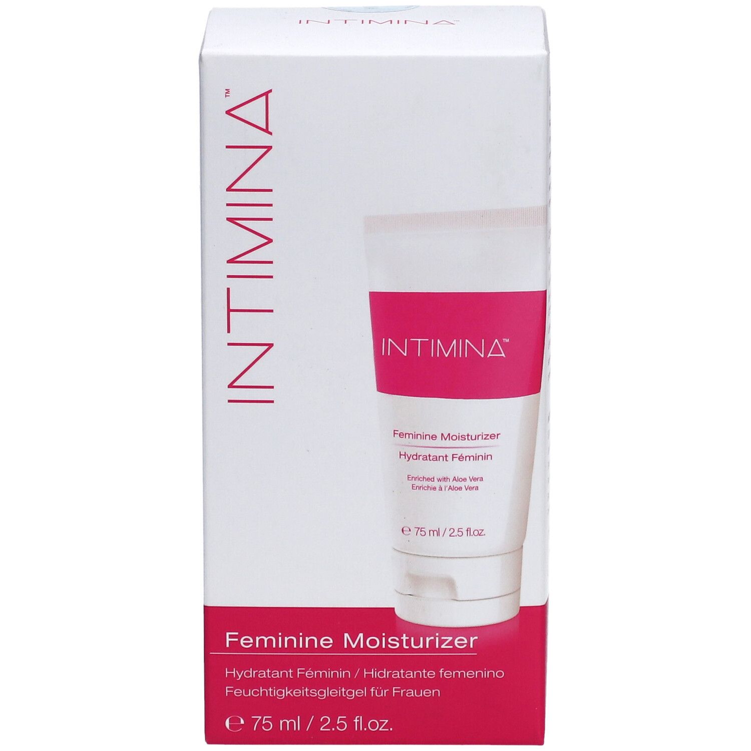 Weißer Karton mit rosa Akzenten. Tube mit rosa Streifen und Text. "INTIMINA"-Logo. "Feminine Moisturizer"-Text.