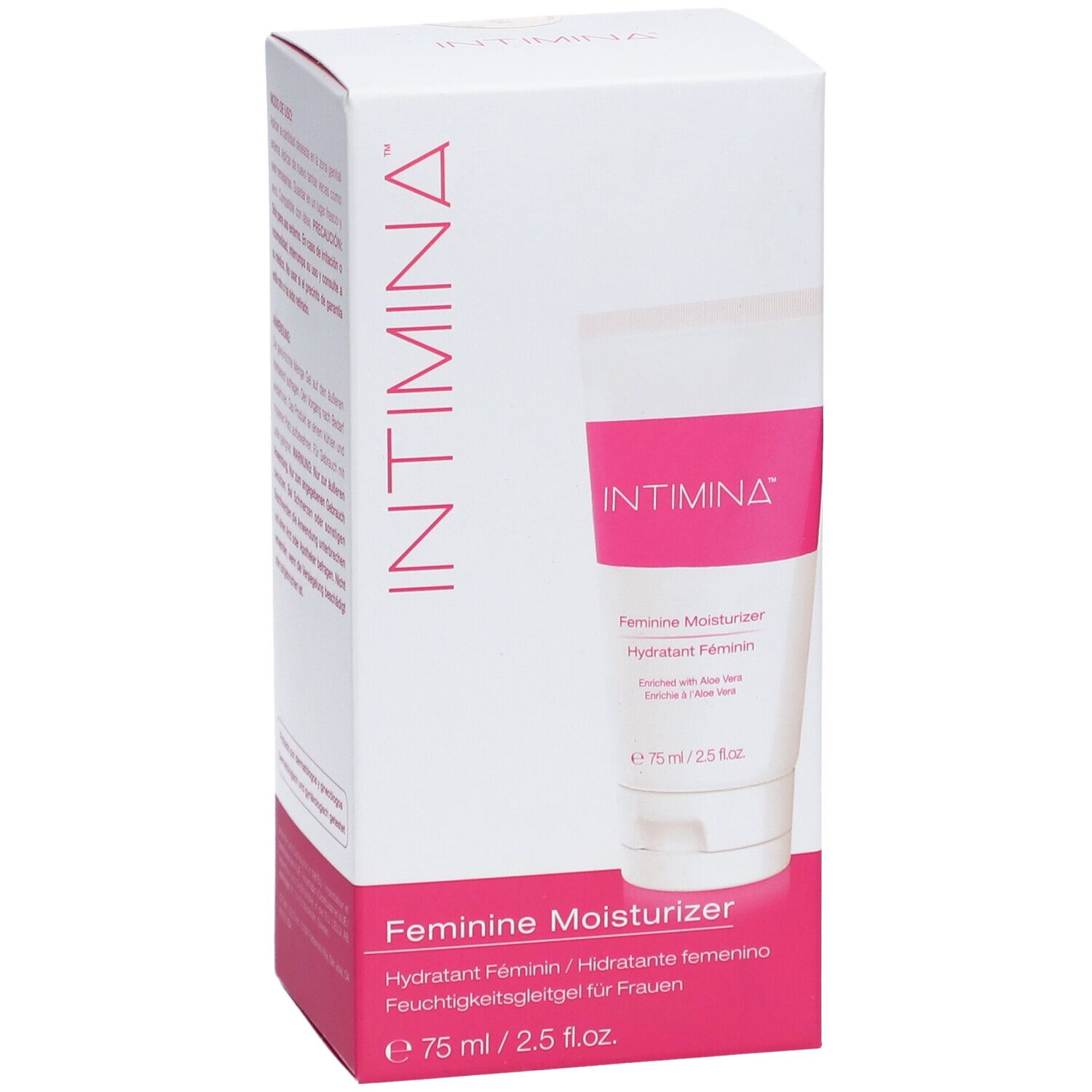 Weißer Karton mit rosa Akzenten. Tube mit rosa Streifen und Text. "INTIMINA"-Logo. "Feminine Moisturizer"-Text.