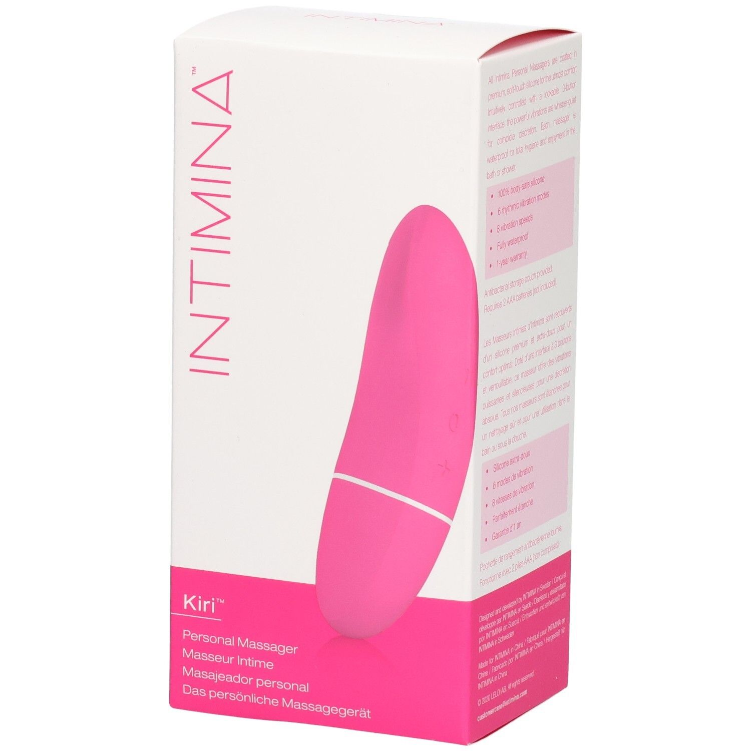 Weißer Karton mit pinkfarbenem Massagerät. Aufdruck: INTIMINA, Kiri, Personal Massager. Produktabbildung.