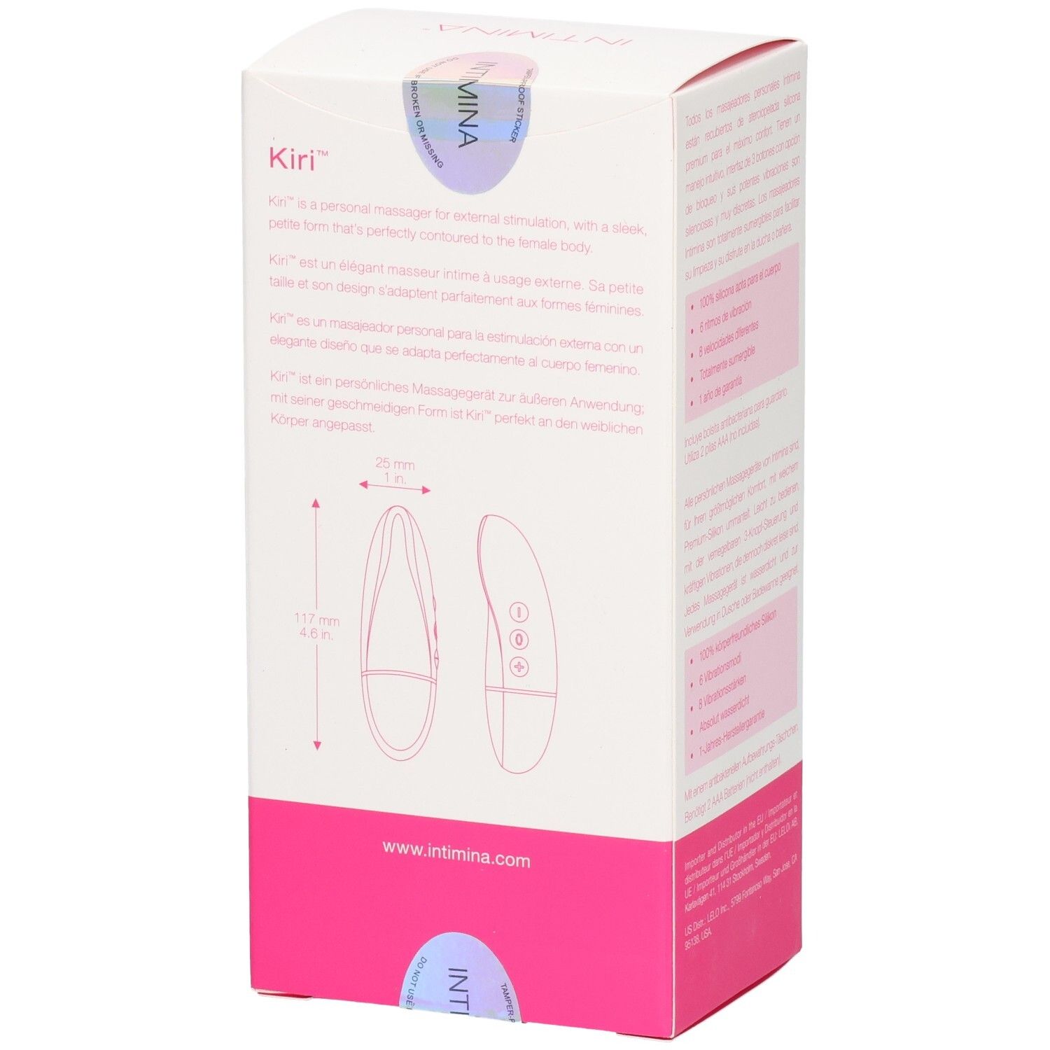 Verpackung mit Produktabbildung und Maßen. Text in mehreren Sprachen. Logo und Produktname.