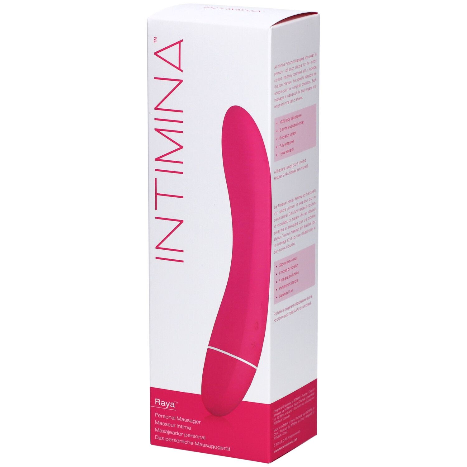 Verpackung von INTIMINA Raya Massagegerät. Rosa Massagegerät auf weißem Karton. INTIMINA-Logo und Produktname sichtbar.